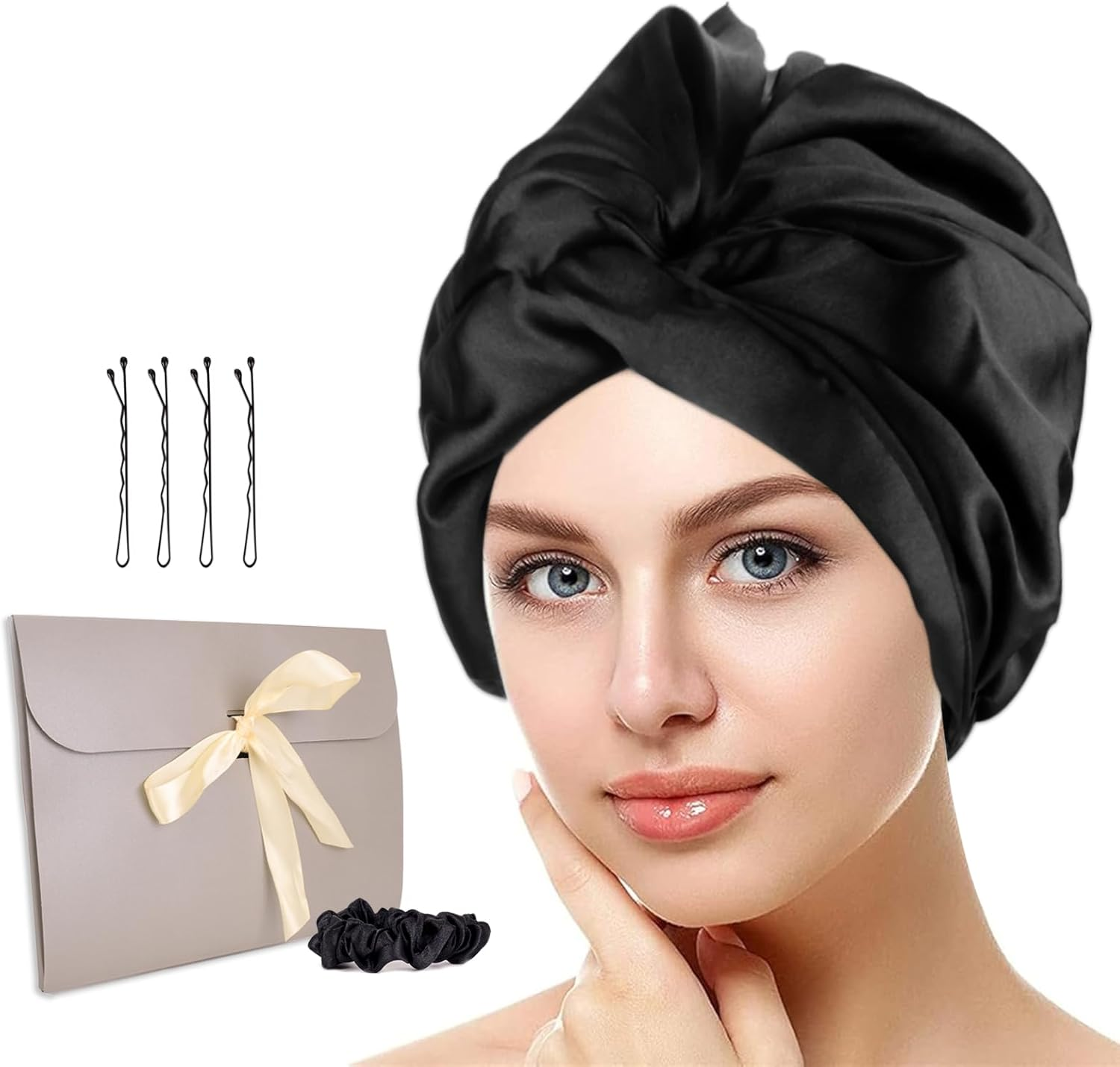 Silk Hood for Sleeping - Sleep Cap Silk for Hair Overnight Healthy, Preserves Curl Shape, Prevents Frizz & Hair Breakage, Silk Bonnet Silk for Women with All Hair Types (Black) Kaempe image number 4