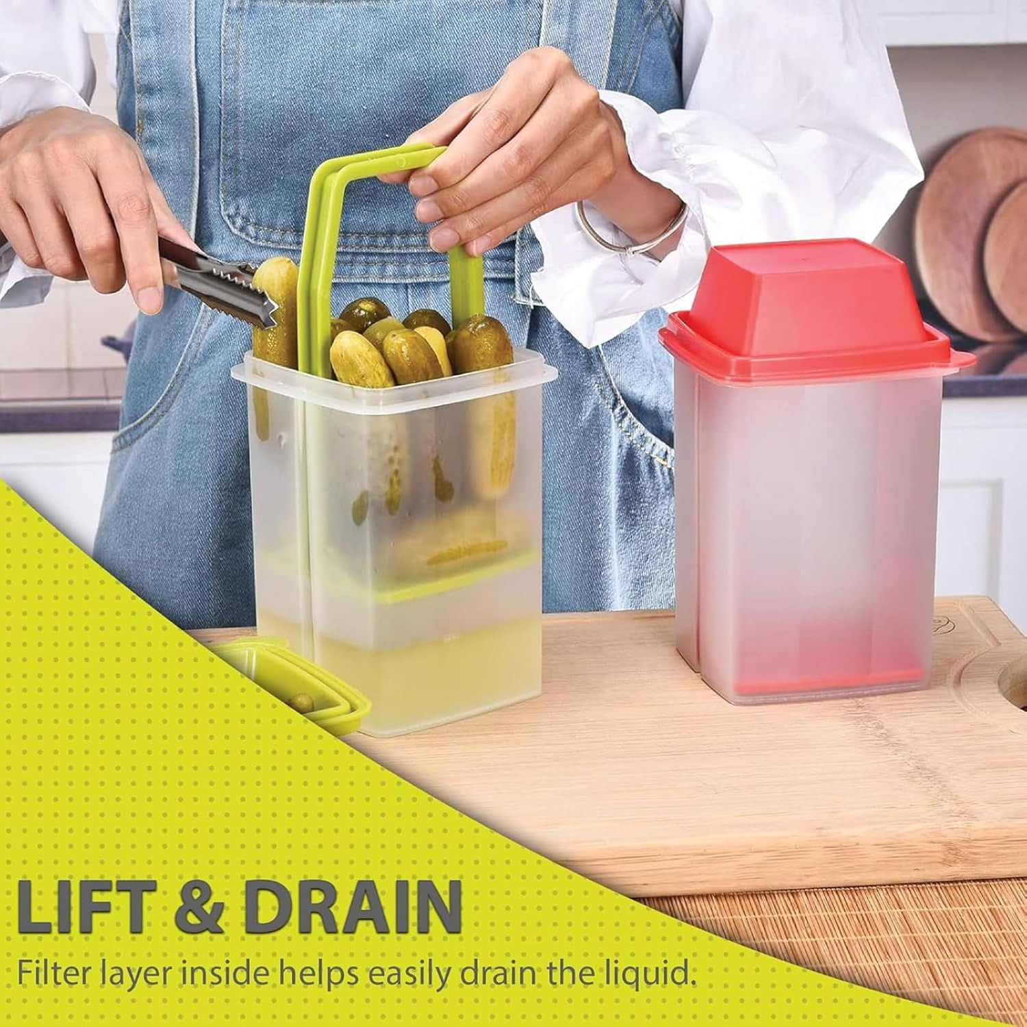 Pickle Jar with Strainer Insert - Set of 2 - Plastic Leak Proof Food Saver Container - for Fresh Fruit or Pickled Vegetables image number 3