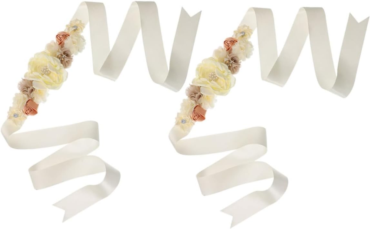 2Pcs Floral Satin Ribbon Maternity Sash Belt for Shower Pregnancy Photoshoot Belly Band Rhinestones for Expectant Mothers Beige image number 4