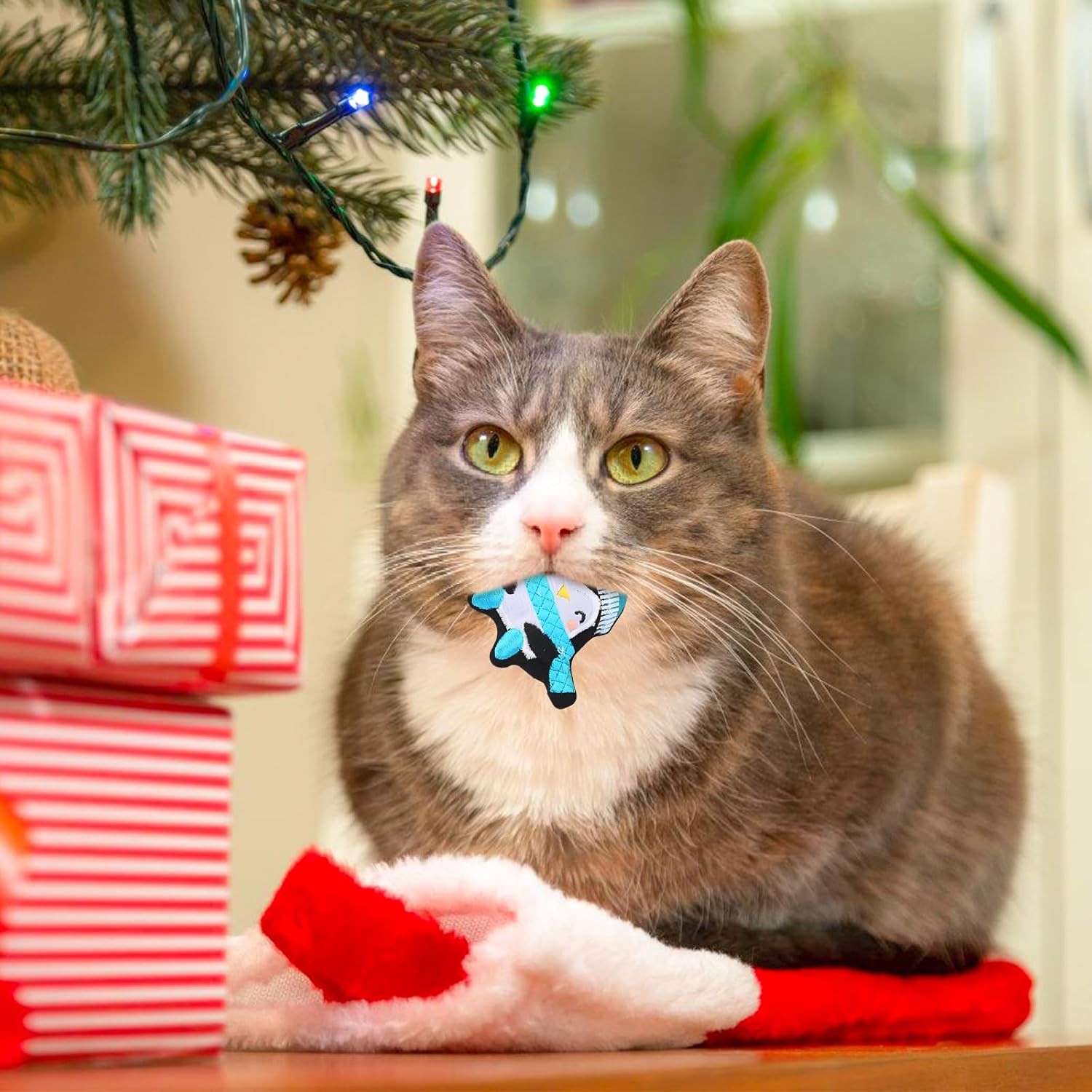 Cat Catnip Toys 3 Pieces Christmas Cat Nips Toys Santa Claus Pet Calming Toy Penguin Soft Penguin Chew Cat Toy Xmas Fluffy Interactive Kittens Toy for Cats Claw Playing Chewing Teeth Cleaning image number 2