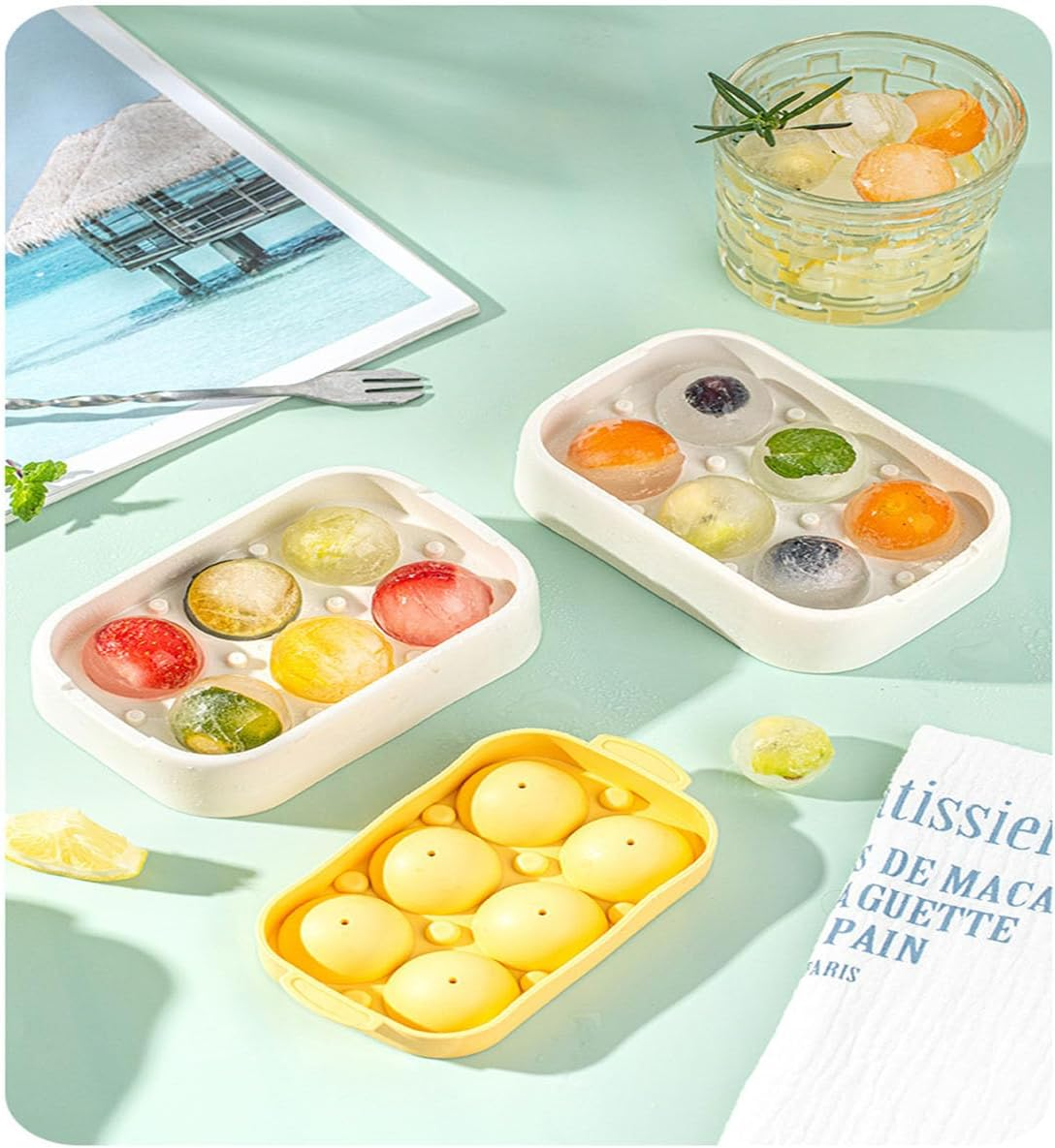 WADY 4Pcs Ice Cube Trays, Ice Ball Maker,Ice Cube Tray with Lid,Silicone Ice Cubes Tray, Suitable for a Variety of Summer Drinks, Stackable Silicone Spherical Ice Cube Moulds DIY Molds (Four Colors) image number 2