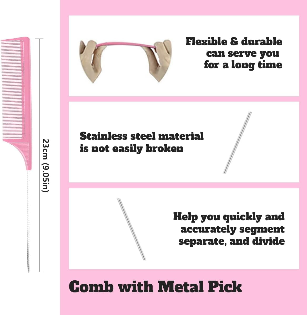 3 Pcs Slick Back Hair Brush, Edge Control Brush Kit - Includes Bristle Brush, Rat Tail & Parting Comb, Teasing Comb for Curly Hair, Sleek Ponytails, Smoothing Baby Hair & Flyaways for Women & Girls (Pink)