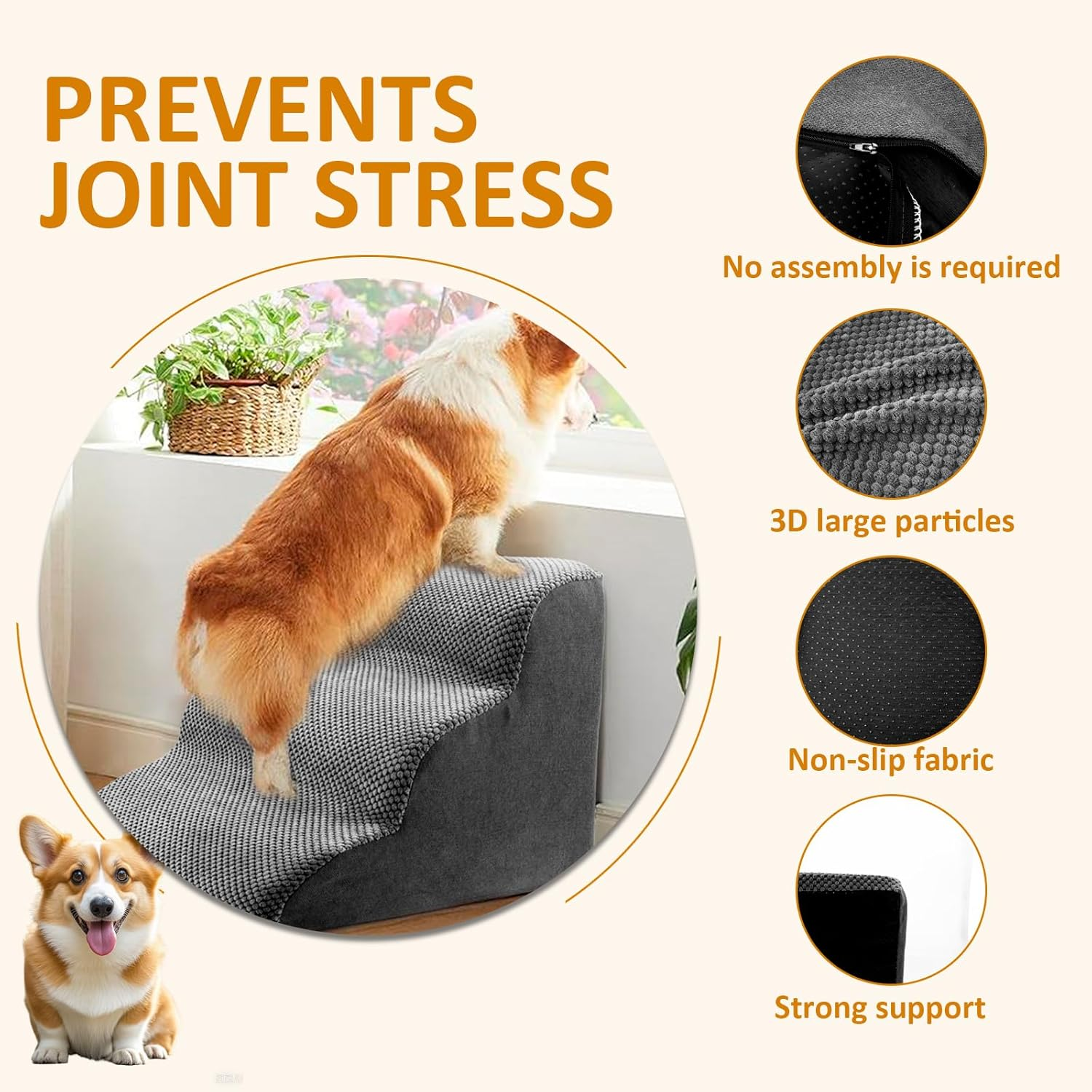 Dog Stairs for Small Dog, Corduroy Dog Steps for Bed, Practical Pet Stairs for High Bed Climbing, Non Slip Pet Ladder Stable Support, Curved Puppy Slope Stair for Sofa Low Bed Couch (Color-B, L, 1) image number 3