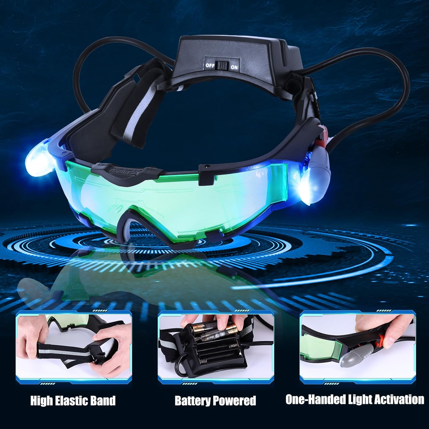 ALLOMN Spy Night Vision Goggles with Flip-Out, Adjustable Kids LED Night Green Lens Glasses for Hunting Racing Bicycling, Skying to Protect Eyes image number 3