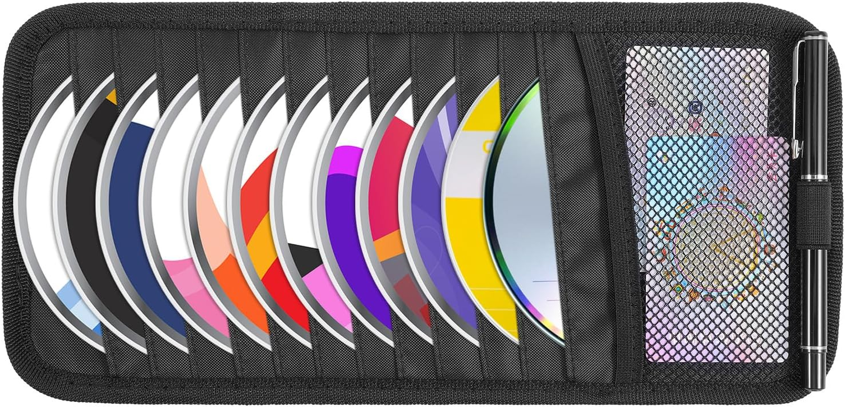 Trinkrittey CD Holder for Car Visor, Vehicle Sun Visor Organizer Large Capacity with 12 DVD Storage Sleeves 1 Mesh Pocket 1 Pen Holder and Elastic Strap