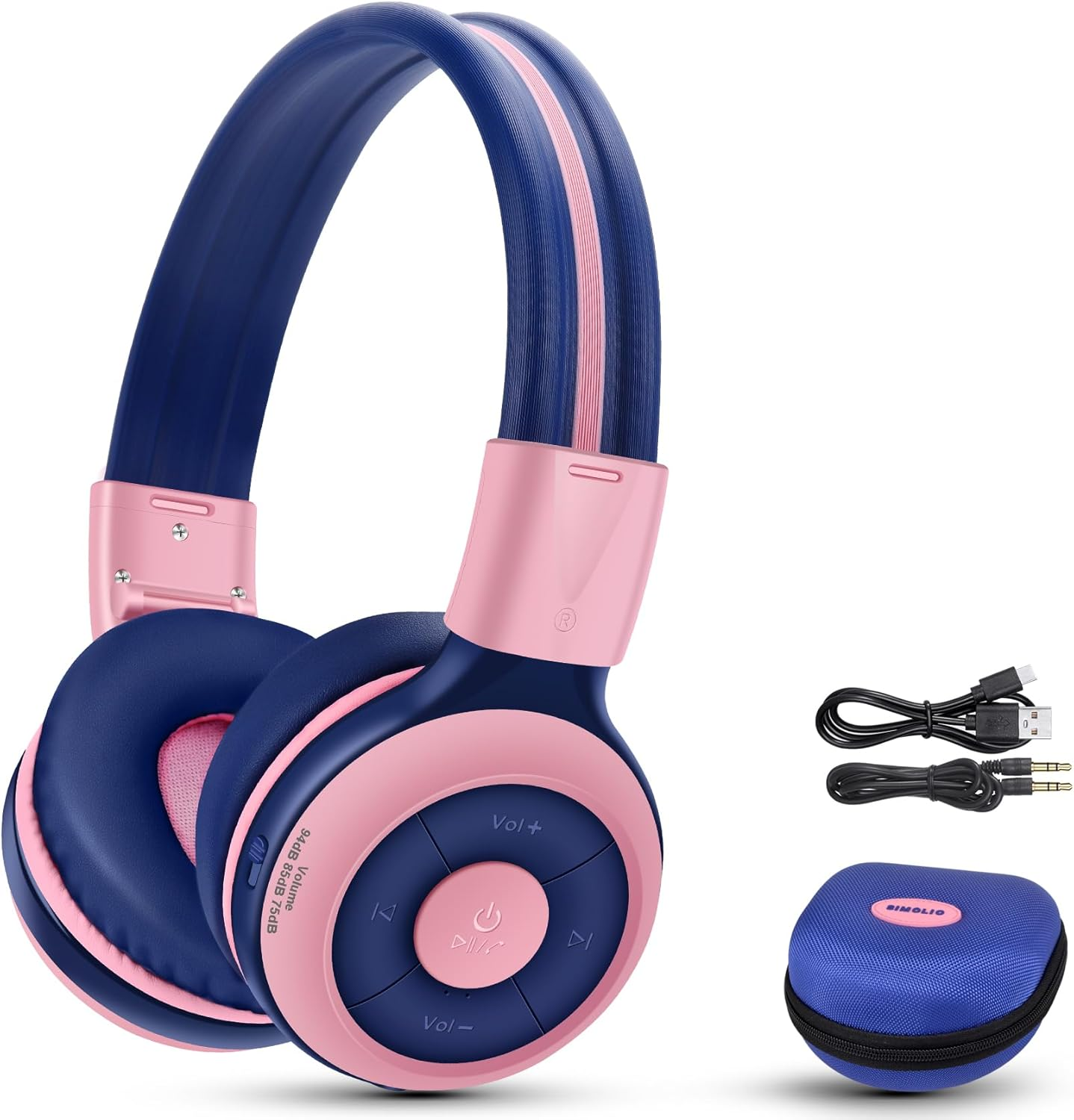 SIMOLIO Kids Headphones Bluetooth with 75Db,85Db,94Db Safe Volume for Hearing Protection, Wireless Headphone for Kids with Mic & Share,Foldable Kids Headset with In-Line Audio Control for Girls (Pink)