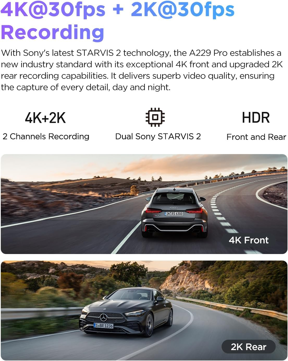 VIOFO A229 Pro 4K HDR Dash Cam, Dual STARVIS 2 IMX678 IMX675, 4K+2K Front and Rear Car Camera, 2 Channel with HDR, Voice Control, 5Ghz Wifi GPS, Night Vision 2.0, 24H Parking Mode, Support 512GB Max image number 6