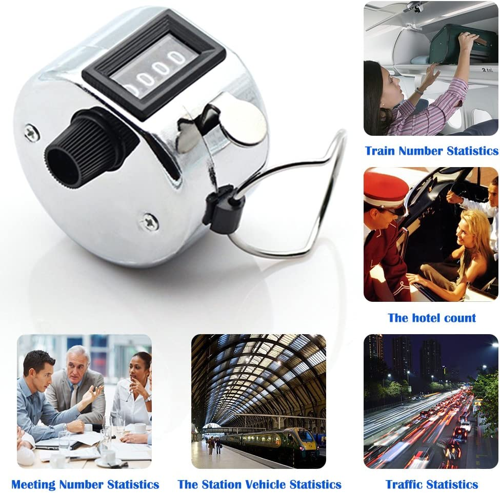 AFUNTA 4 PCS 4 Digit Hand Tally Counters Hand Held & 4 Lanyard, Mechanical Manual Clicker Number Lap Tracker with Metal Finger Ring Hoop Holder Fit Stadium Coach - Silver image number 5