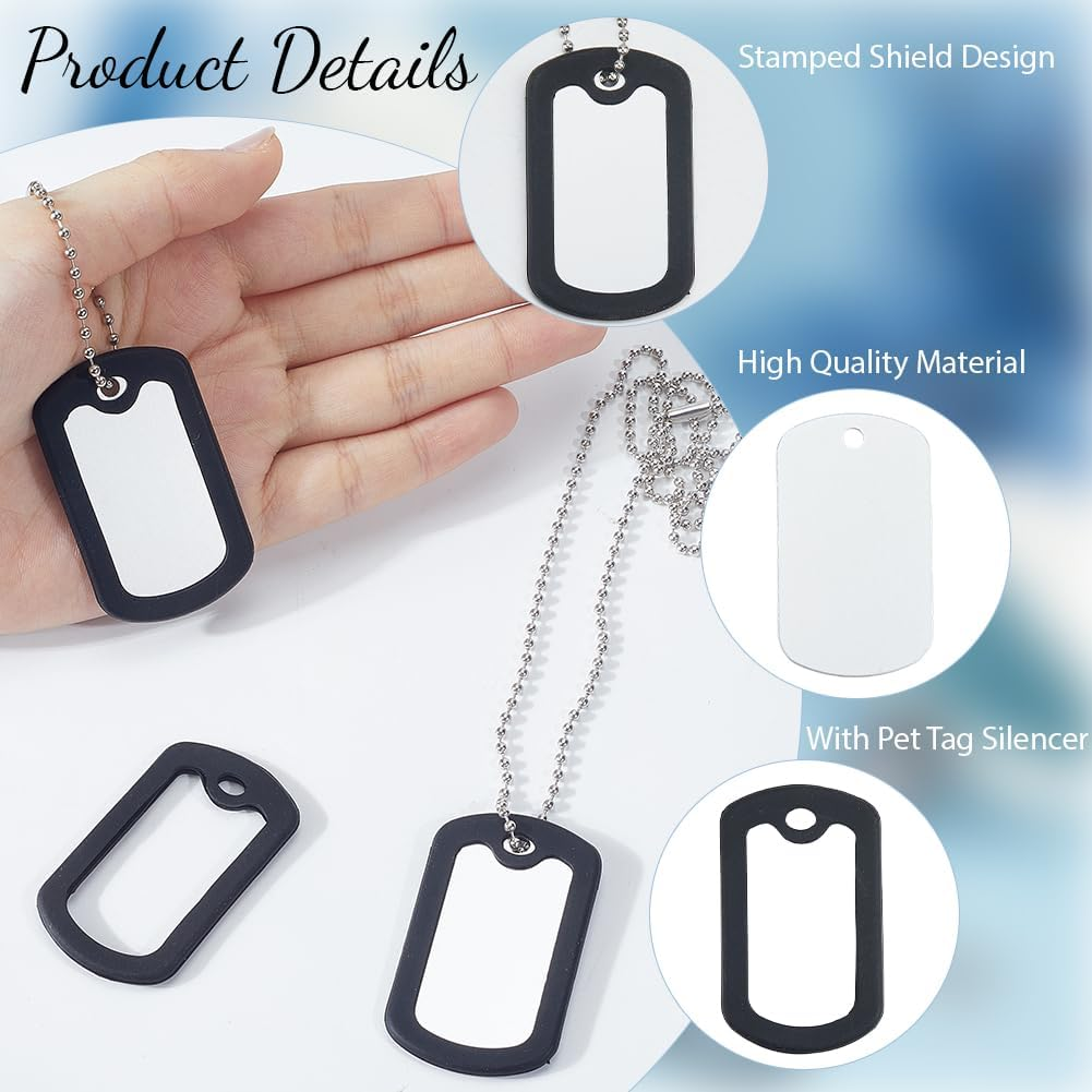 SOFPLATE 8 Set (24 Pieces) Black Military Dog Tags with Rubber Damper Aluminium Pet Tags (Blank) with Ball Chain and Silicone Case for Noise Reduction and Protection of the Dog Brand ID SCH