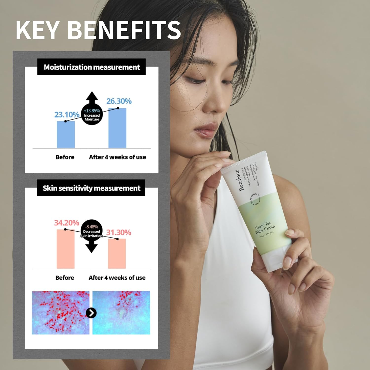 [Bonajour]Green Tea Natural Moisturizing Cream for Dry and Sensitive Skin, Best Face Moisturizer 100Ml image number 4