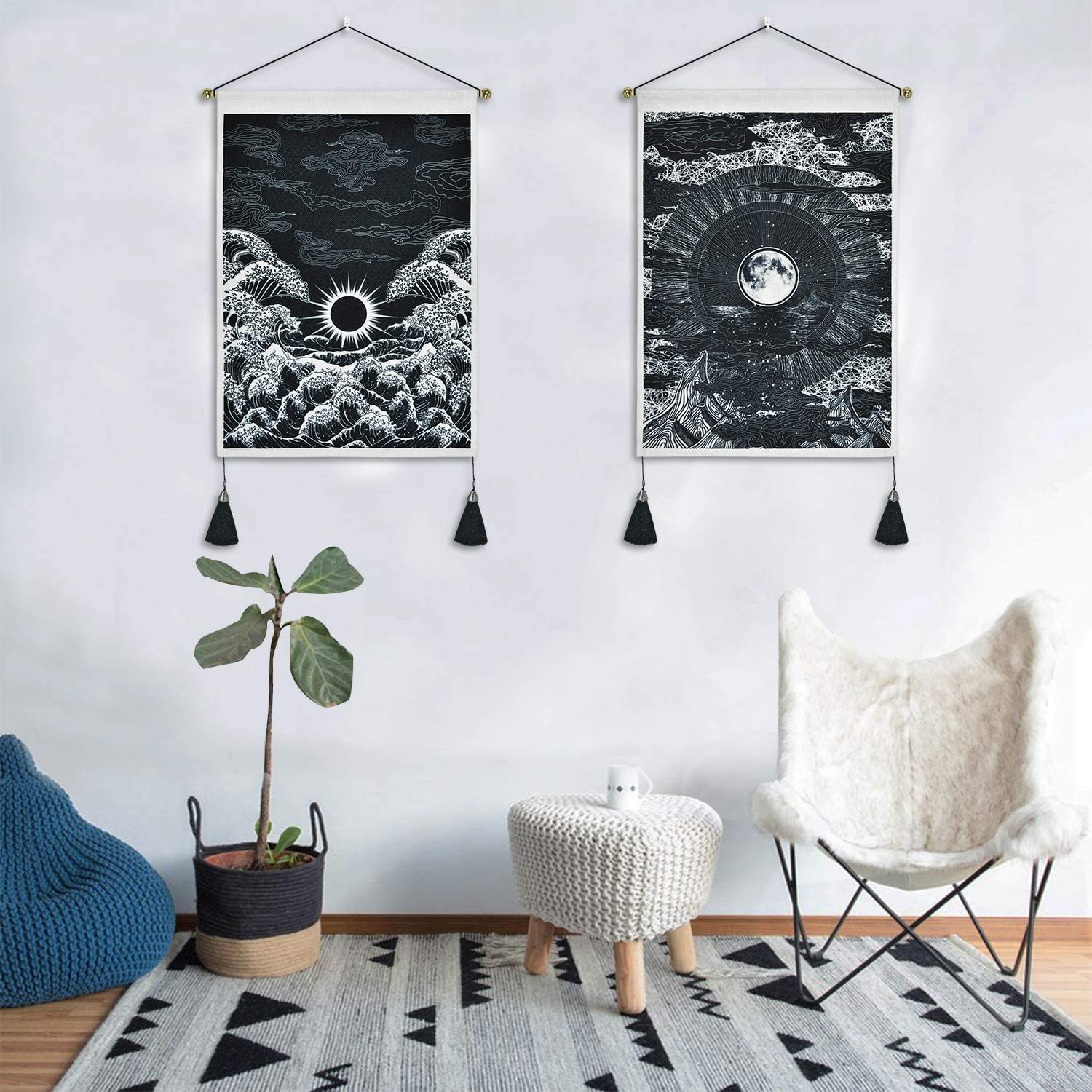 Pack of 2 Tapestry Moon and Star Tapestry Ocean Wave Tapestry Black and White Tapestries Mountain Tapestry Sunset Great Wave Tapestry Wall Hanging for Room (13.8 X 19.7 Inches) image number 6