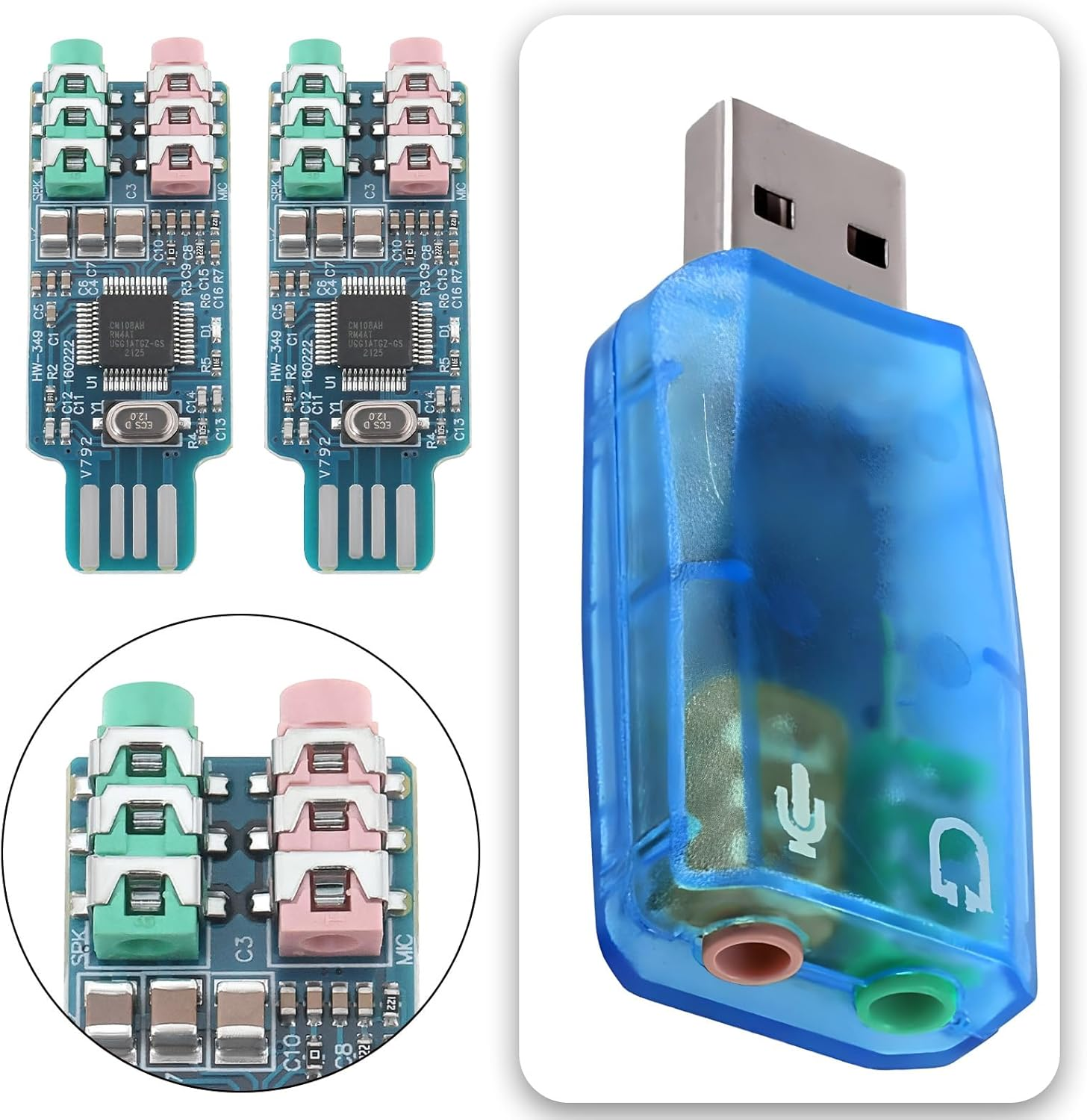 Emagtech 2Pcs CM108 USB Sound Card Chip Drive Free Sound Card Convenient Stereo External Crystal Sound Card for Laptop Computer 49X19X8Mm