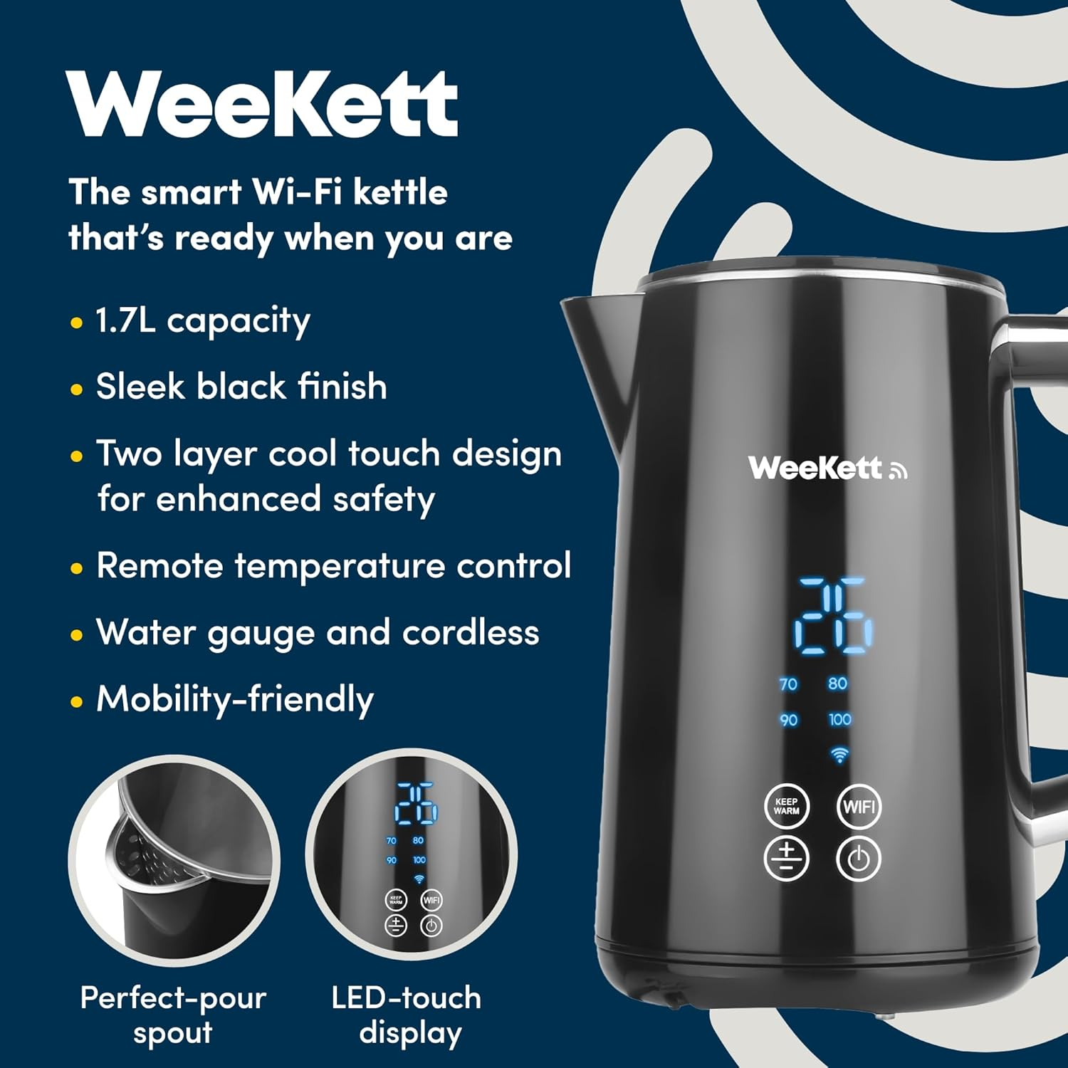Alexa Smart Kettle, 1.7L - Smart Home Voice Control Kettle - Temperature Control Kettle with Cool Touch, LED Display & Keep Warm Function - 2200W Energy Efficient & BPA Free - Black image number 2