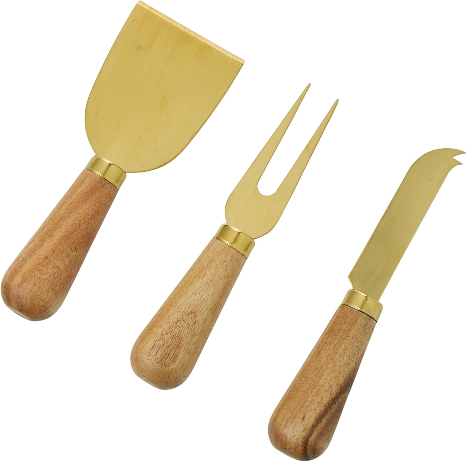 DAVIS & WADDELL Acacia Cheese Knives with Brass Finish, Set of 3 - Stylish Serving Tools for Soft and Hard Cheese, Elegant Natural Wood Design for Entertaining or Everyday Use
