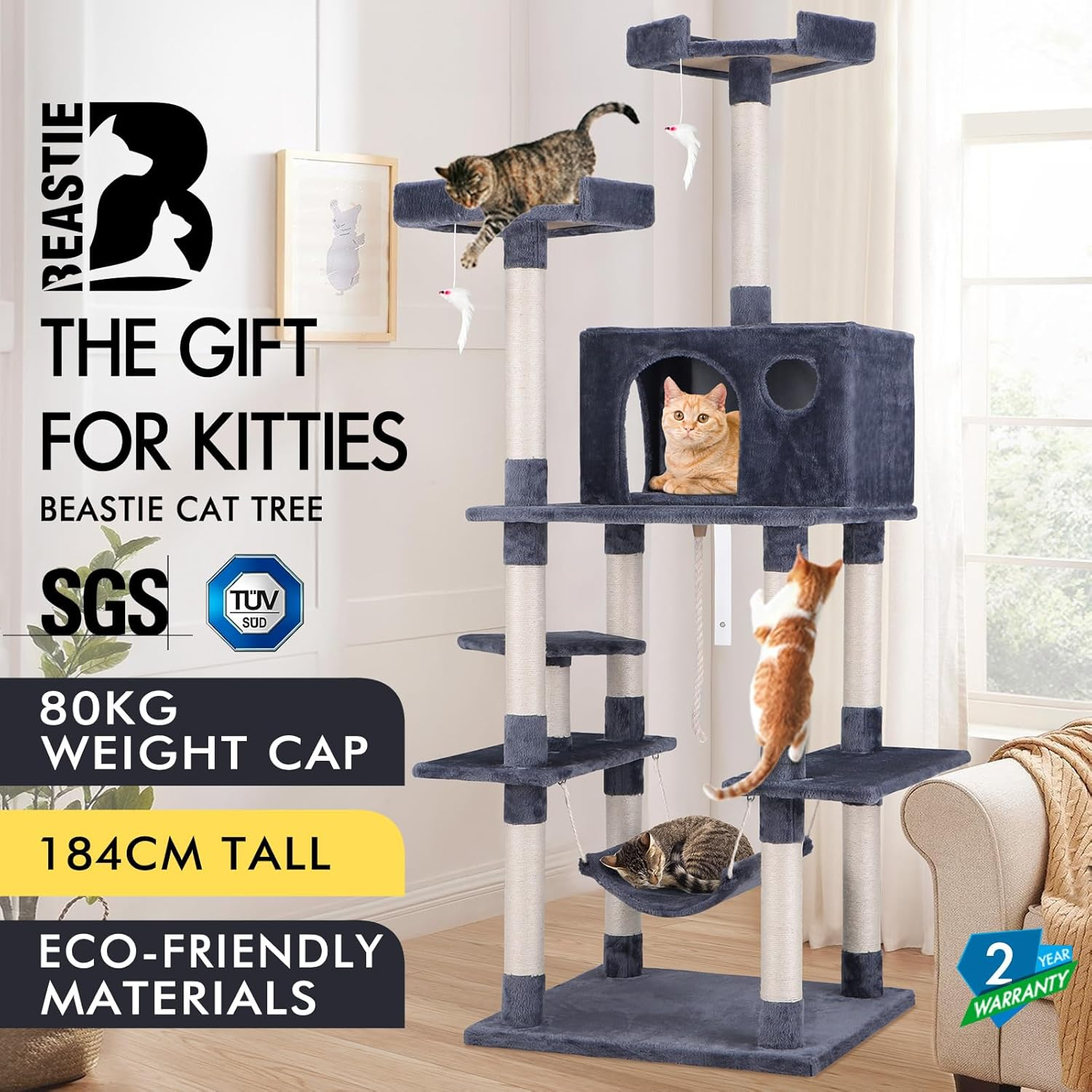 BEASTIE Cat Tree 184Cm Multi-Level Cat Tower with Scratching Posts, Cat Condo Play House Wooden Furniture with Hanging Toy & Hammock, Sisal-Covered Cat Scratcher Tower for Kitten Climbing & Rest, Grey image number 5