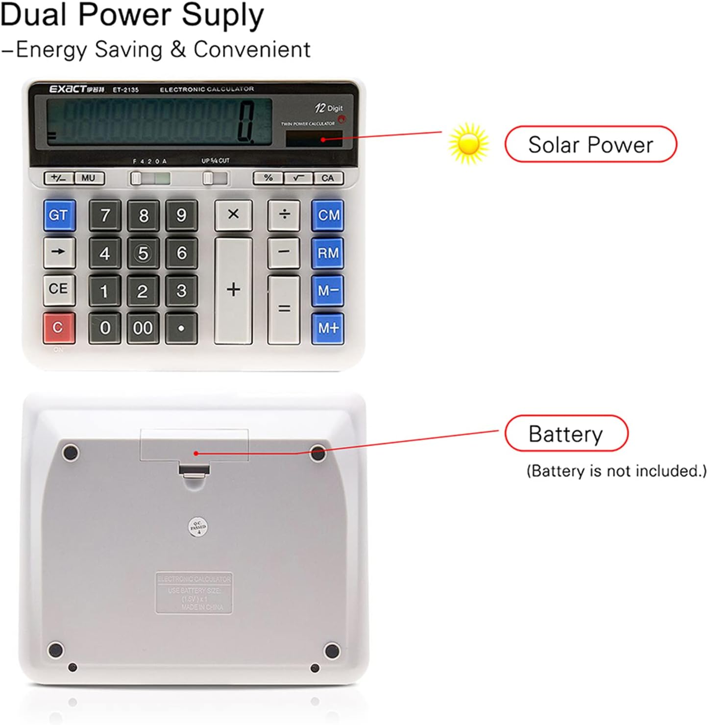 RAYWE Large Computer Electronic Calculator Counter Solar&Battery Power 12 Digit Display Multi-Functional Big Button for Business Office School Calculating