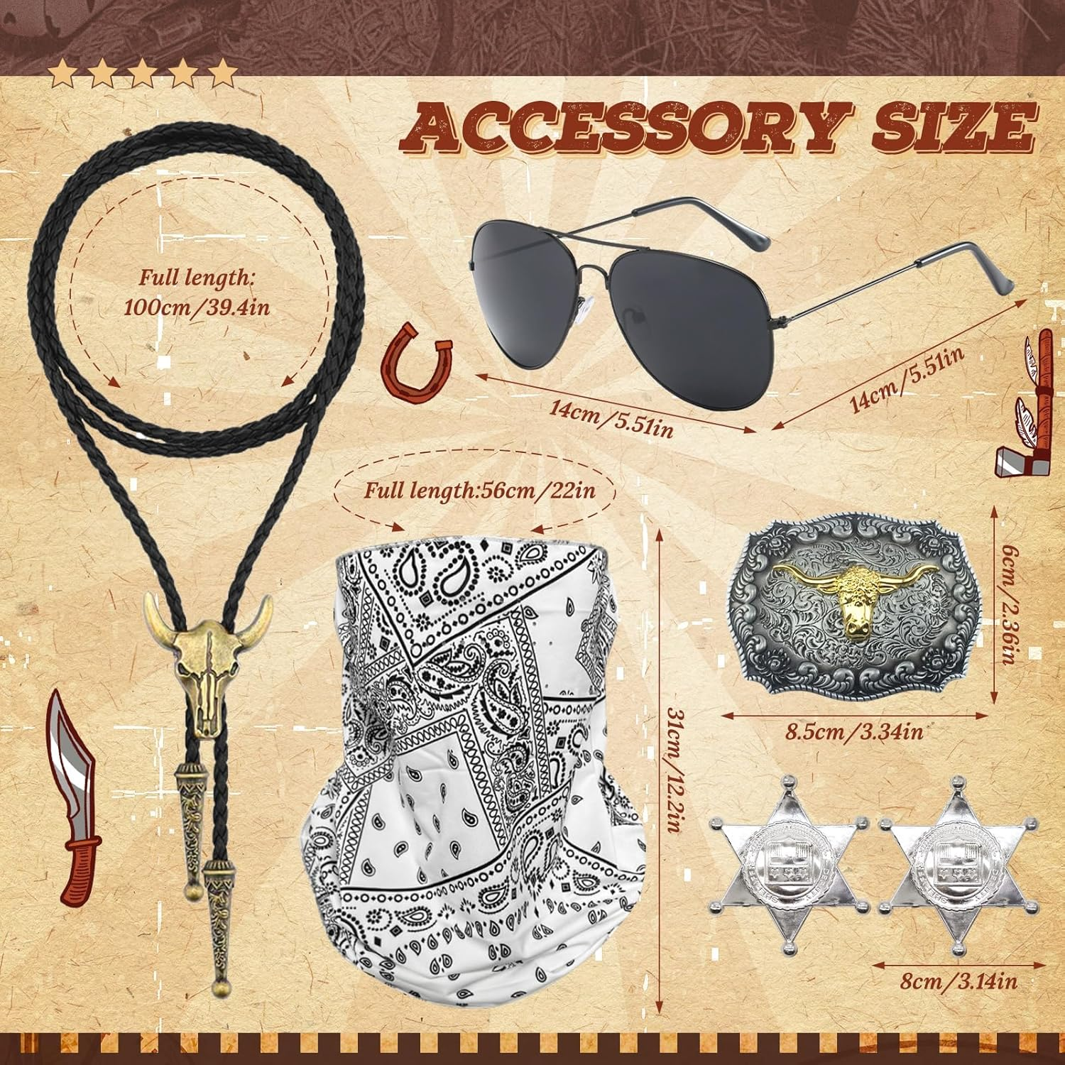 7-Piece Western Cowboy Costume Set, Cowboy Accessory Kit with Cowboy Hat, Sunglasses, Paisley Bandanas, Necklace, Badge, Bracelet for Men, Women, Halloween, Carnival Parties & Western Party image number 4