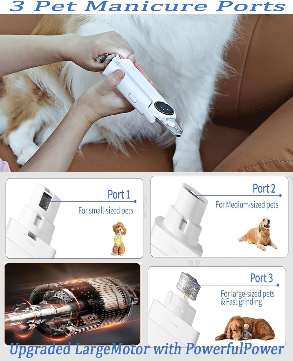 CCEE Dog Nail Grinder & Dog Nail Clippers, 2-In-1 3-Speed Pet Cat Nail Trimmers with 2 Led Lights 3 Grinding Ports Super Quiet Grooming Tool Supplies for Small to Large Dogs（Blue） image number 3