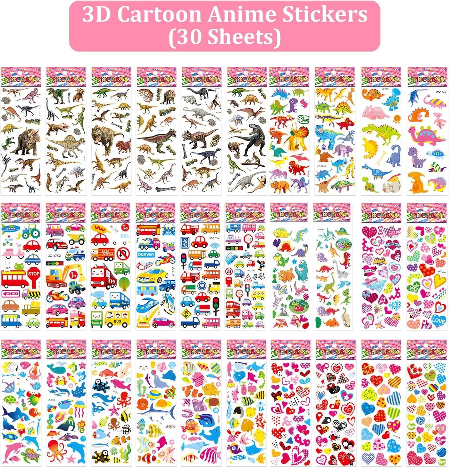 3D Puffy Stickers for Kids & Toddlers - 600+ Reusable, No Residue Peel off Stickers for Scrapbooks, Water Bottles & Laptops - Cute Sea Animal, Dinosaur, Car Stickers Bulk Pack