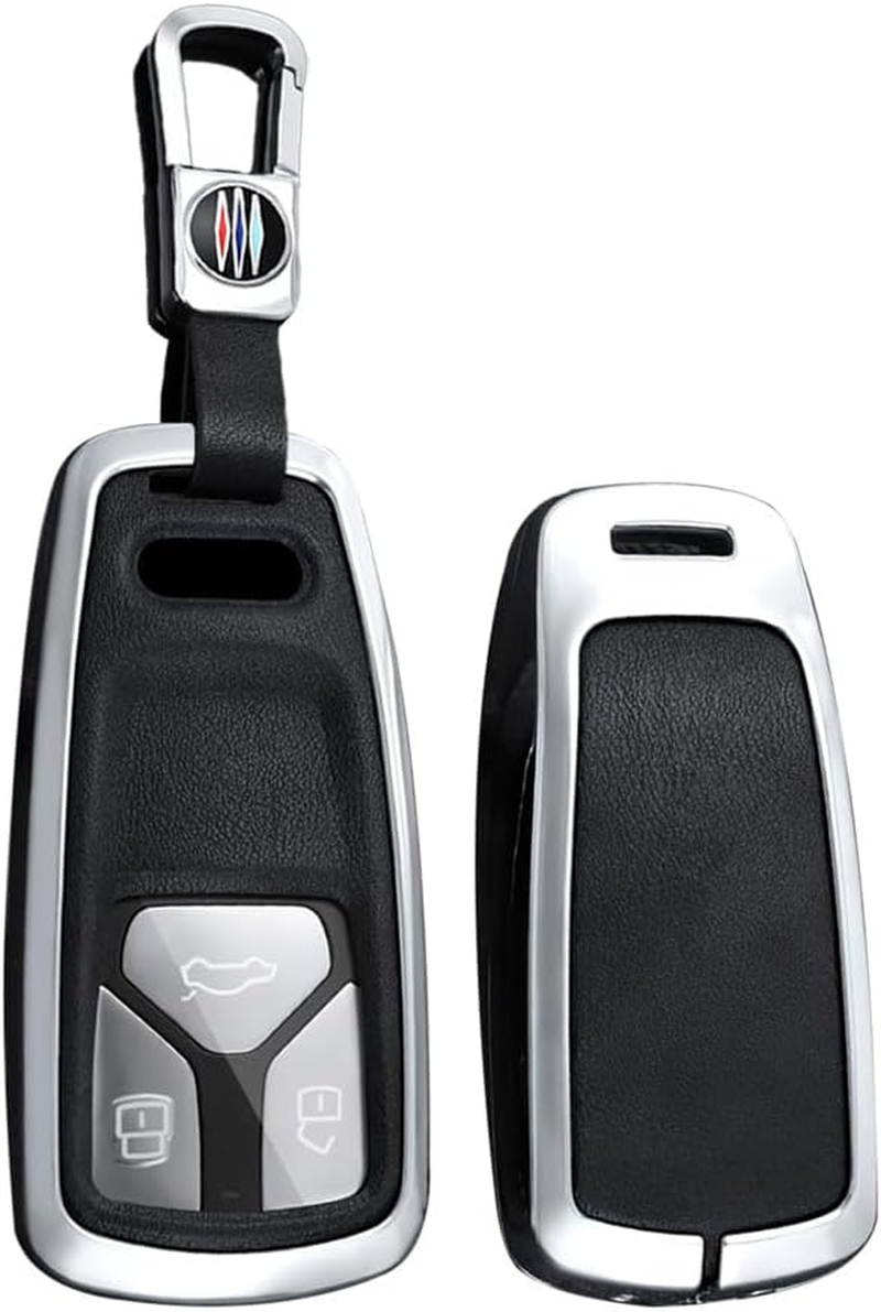 Car Key Case Zinc Alloy Key Fob Holder Cover Leather Keychain Fit for Audi A4 S4 RS4 B9 A5 F5 S5 RS5 A6 A7 C8 A8 S8 Q2 Q5 SQ5 Q7 SQ7 TT TTS TTRS R8 3 Buttons Protector Covers Silvery Black image number 2