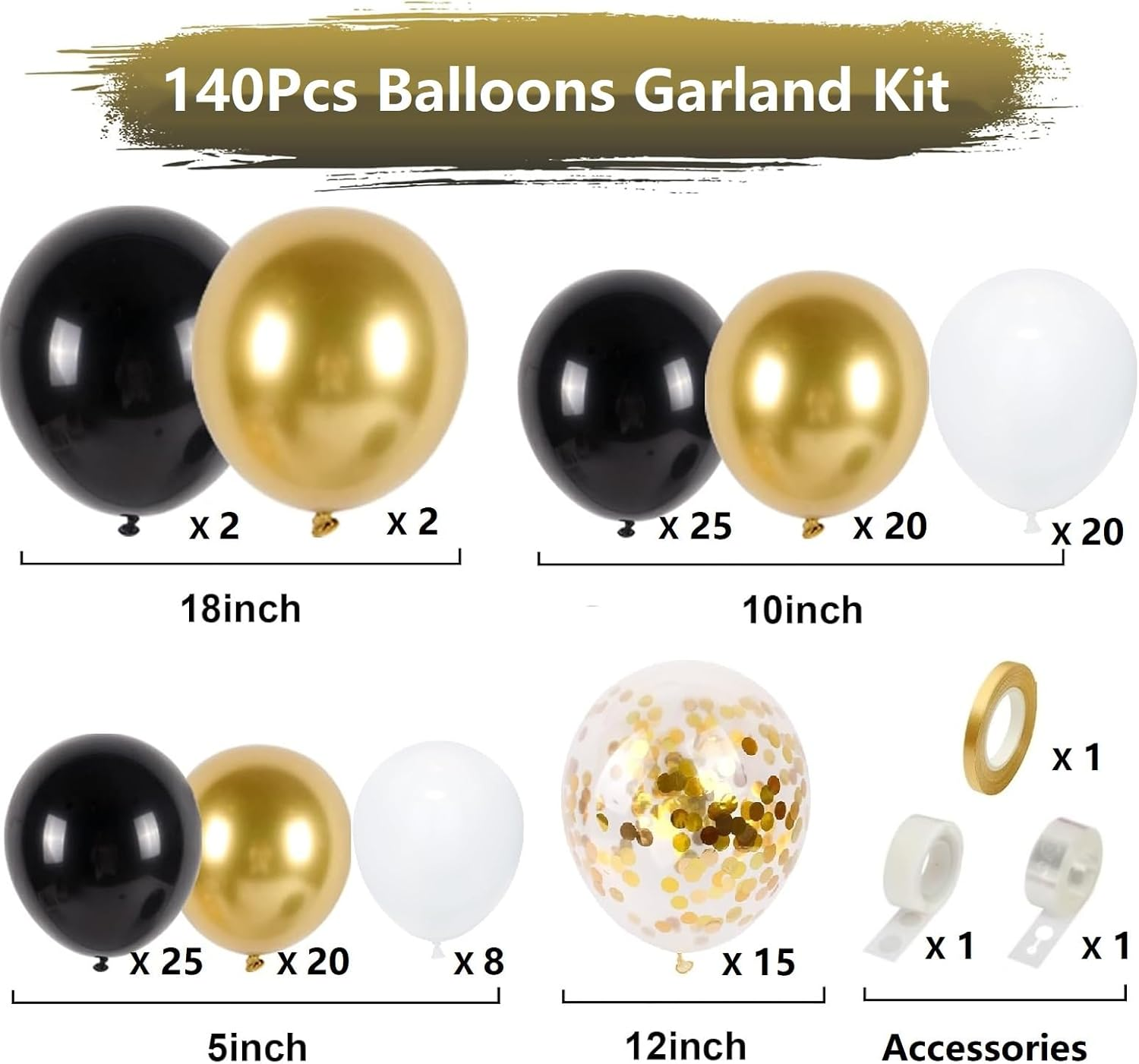 Black and Gold Balloon Garland Arch Kit, 140PCS Black Gold Confetti Balloons Arch Kit 5 10 12 18 Inch Different Sizes Latex Balloons for Graduation Birthday New Year Anniversary Party Decorations image number 6