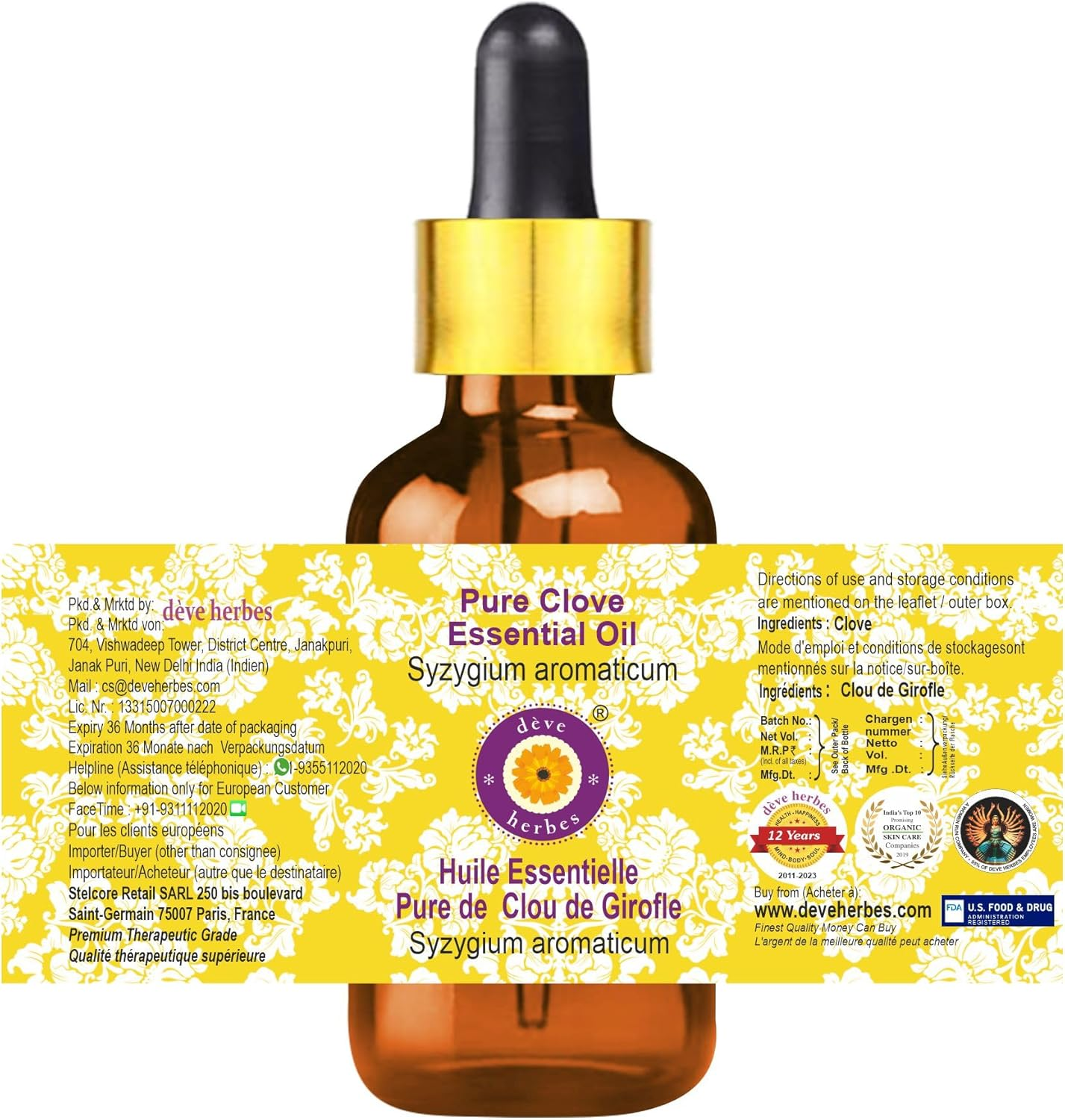 Deve Herbes Pure Clove Essential Oil (Syzygium Aromaticum) Natural Therapeutic Grade Steam Distilled (Pack of Two) 100Ml X 2 (6.76 Oz)