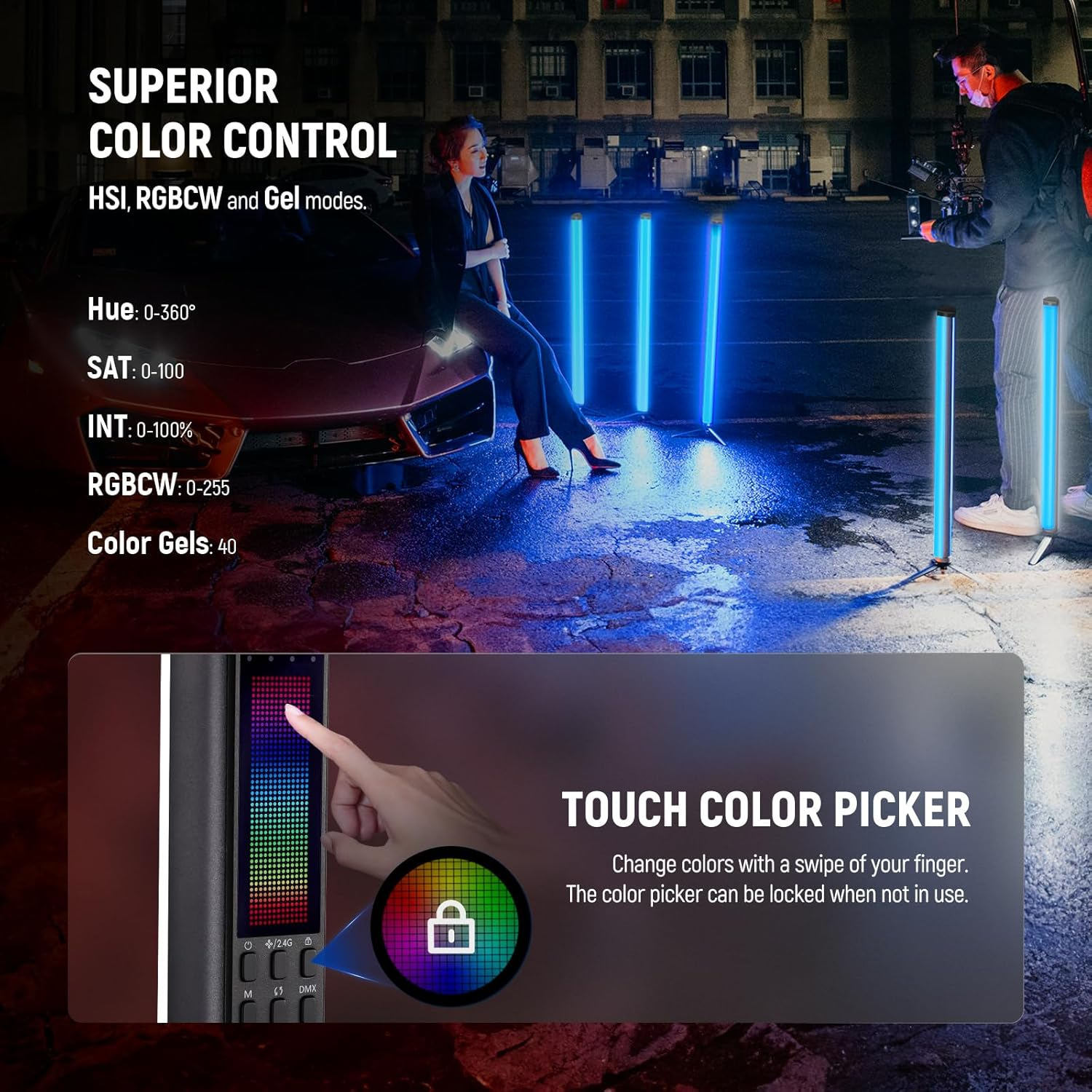 NEEWER TL60 RGB Tube Light, Full Color RGBWW Light Stick Supports APP/2.4G/DMX Control with 7 Pixel Effects 18 Scenes Color Gel/Picker Mode, 2500K-10000K 0-100% Dimming CRI97+ TLCI98+, 3000Mah Battery image number 4
