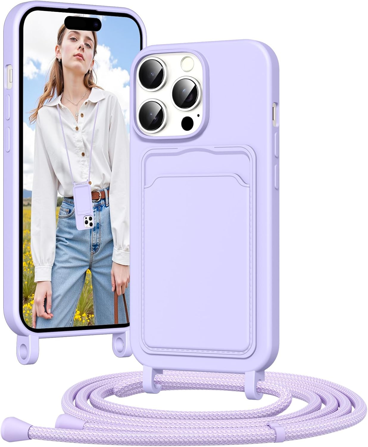 Vauki Mobile Phone Chain Silicone Case for Iphone 13 Pro with Strap, Mobile Phone Case with Card Slot, Removable Adjustable Cord Chain for Hanging, Shockproof Protective Case for Iphone 13 Pro Cord