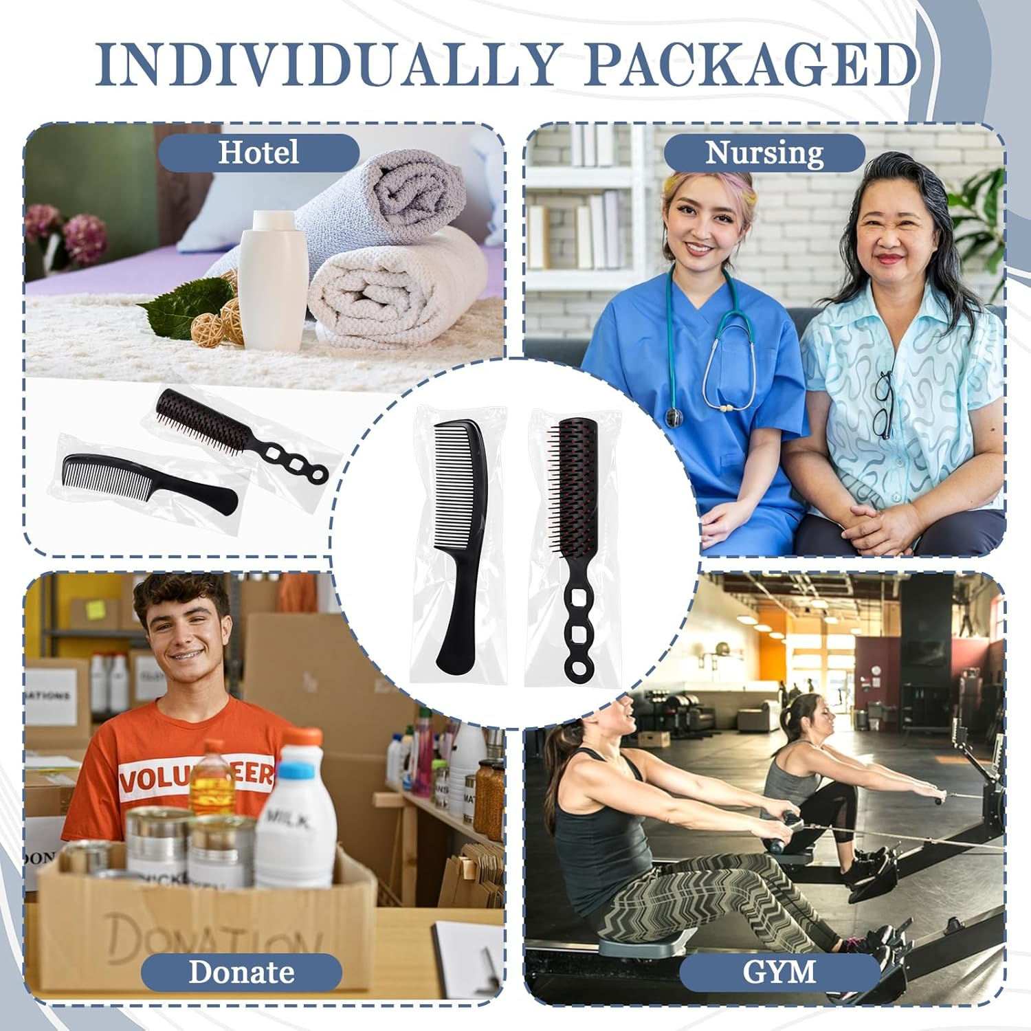 100 Pcs Hair Brushes and Combs Set for Homeless Individually Wrapped Bulk Hair Brush and Comb Set for Women Travel Hotel Homeless Charity image number 2