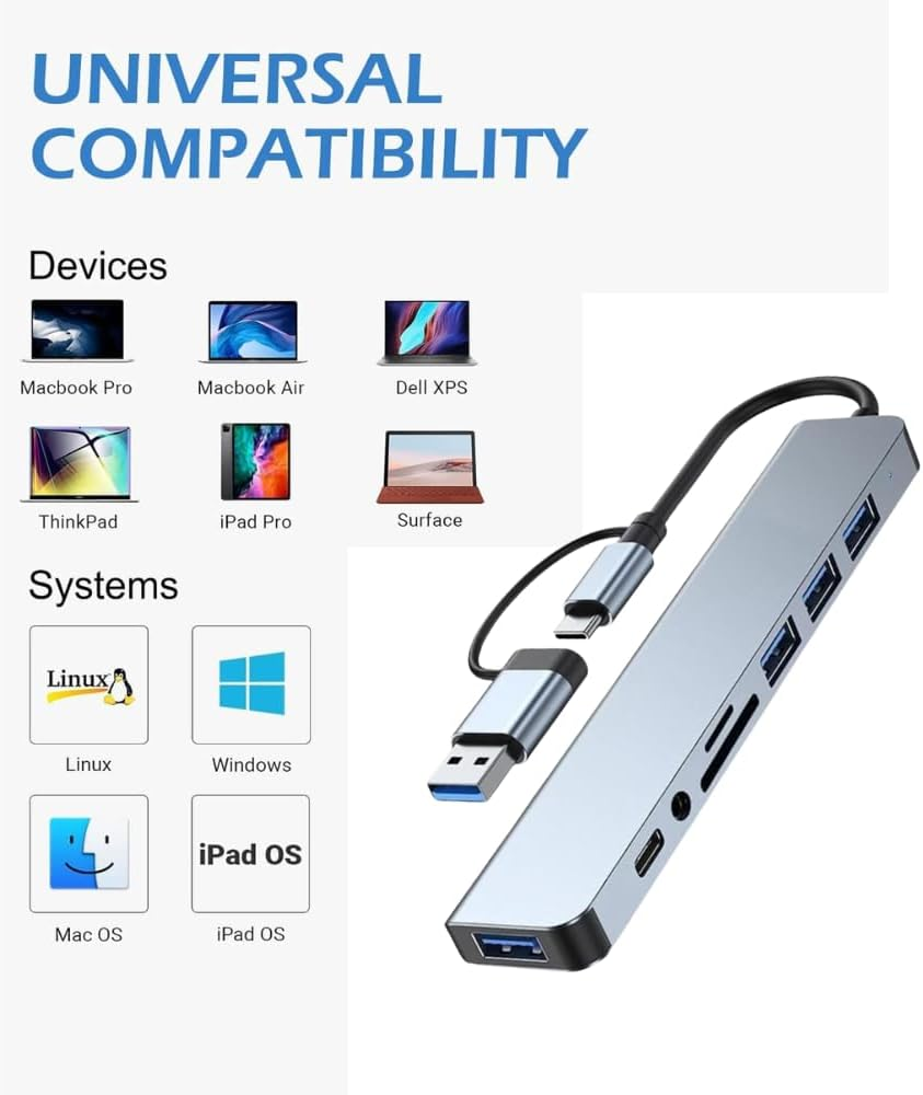 HARDYX USB C Hub 8-In-1 Multiport Adapter, Type-C Docking Station with USB 3.0, 4 USB 2.0 Ports, USB-C Charging & Data Port &ndash; Compatible with Macbook, Imac, Ipad, Laptop, and Desktop Computers image number 5