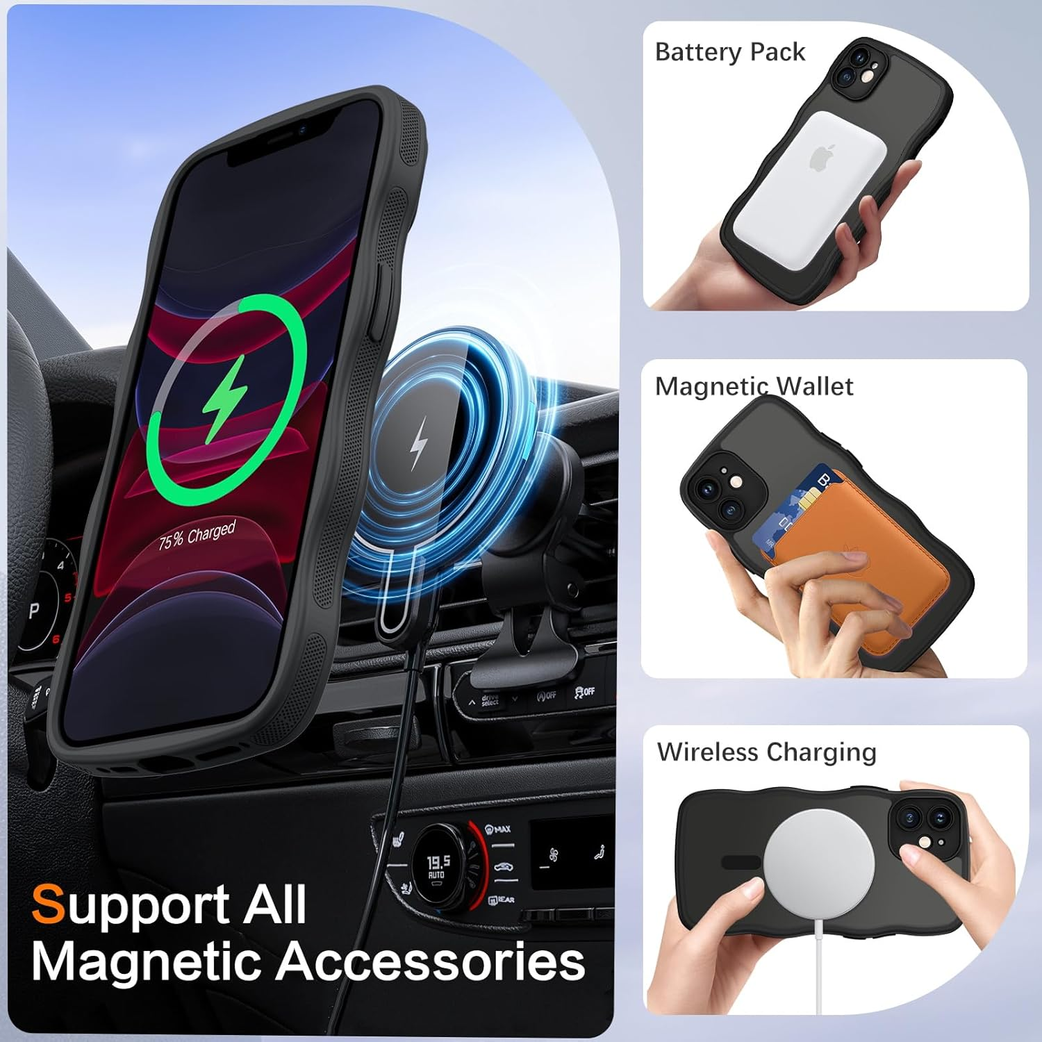 BENTOBEN Magnetic for Iphone 11 Phone Case,Iphone 11 Case [Compatible with Mag Safe] Curly Wavy Magnetic Translucent Matte Slim Shockproof Anti-Fingerprint Protective Cover for Iphone 11 6.1&rsquo;&rsquo; Black image number 6