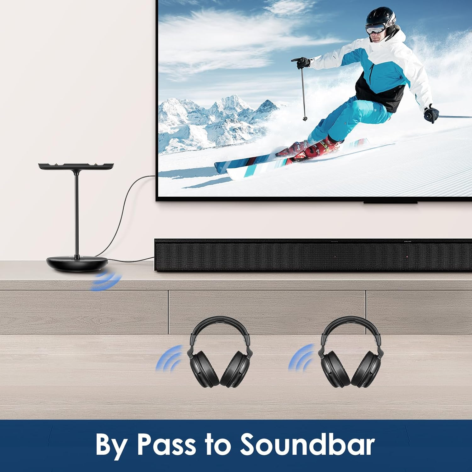 SIMOLIO Dual Wireless Headphones for TV with Transmitter Charging Station, Digital Wireless Headphones for Tvs with Clear Dialogue, Replacement Battery, Audio Bypass, 2.4G (No Bluetooth) TV Headphones