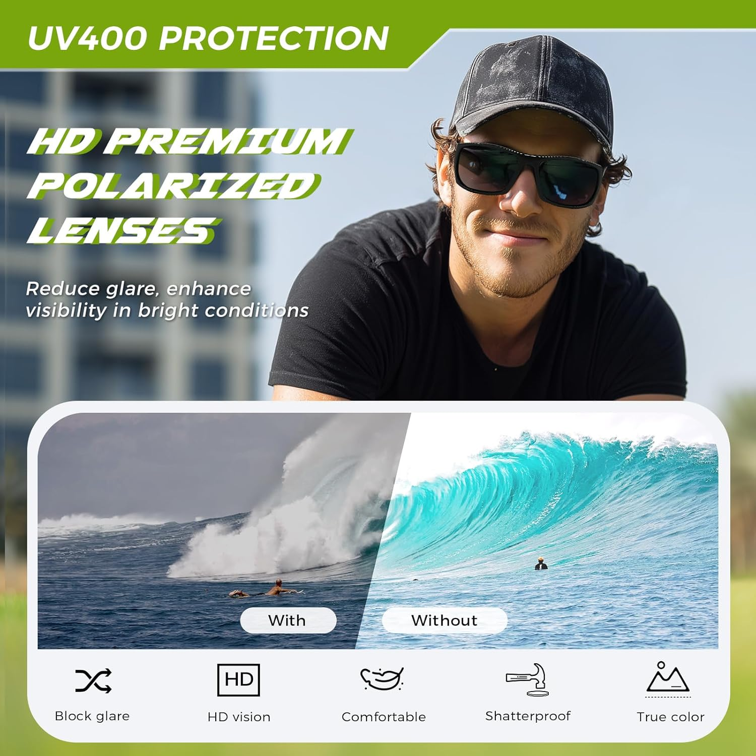 SUNGAIT Wrap around Polarized Sport Sunglasses for Men Womens Lightweight Rectangle Cycling Running - Bright Black Frame / Grey Lens image number 3