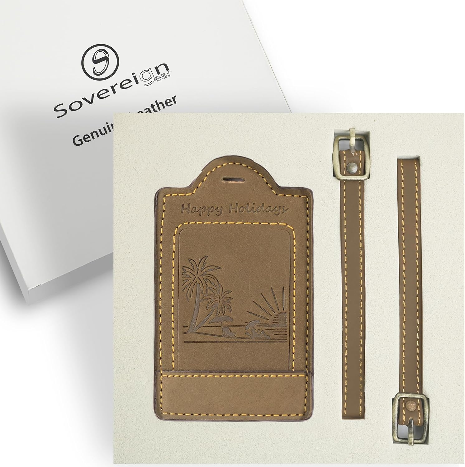 Sovereign-Gear - Two Brown Leather Luggage Tags - Beach Embossed - Genuine Leather Luggage Tag for Suitcases, Stylish & Durable Travel Accessory image number 1
