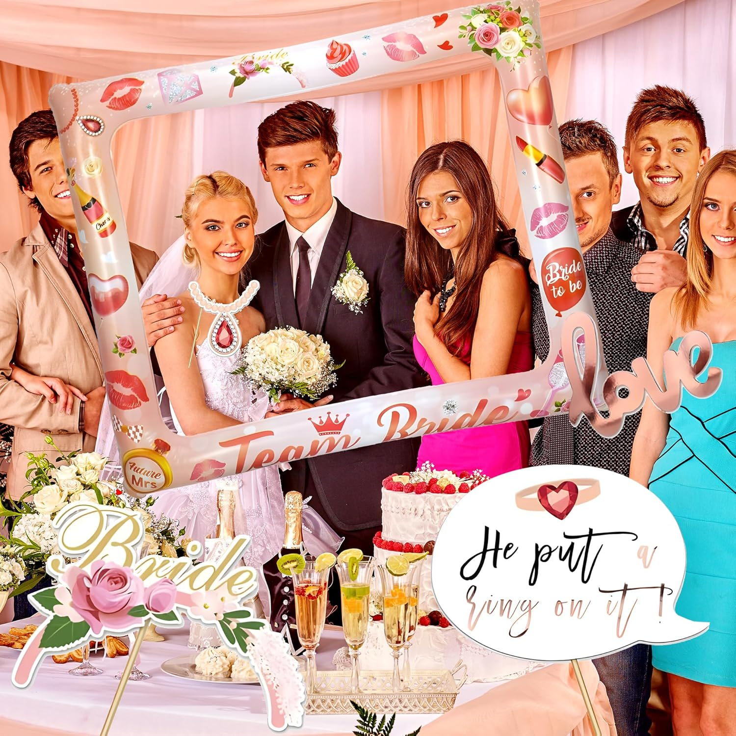 23Pcs Rose Gold Hen Party Photo Booth Props with 1Pc Giant Inflatable Team Bride Selfie Frame, Photo Booth Frame Kit for Hens Night Decor & Bridal Shower Accessories