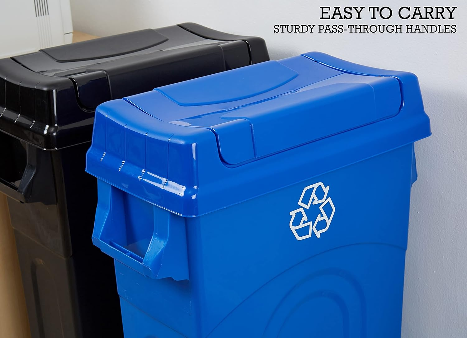 United Solutions Highboy Recycling Bin with Swing Lid, 23 Gallon, Space Saving Slim Profile and Easy Bag Removal, Handles for Easy Carrying, Indoor/Outdoor Use, Recycle Blue image number 4