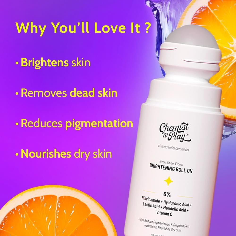 Chemist at Play Brightening & Whitening Roll on for Neck, Knee & Elbow with 6% Vitamin C+ Hyaluronic Acid + Ahas + Niacinamide + Ceramides Exfoliates, Brightens Skin & Hydrates Dry Skin 40Ml
