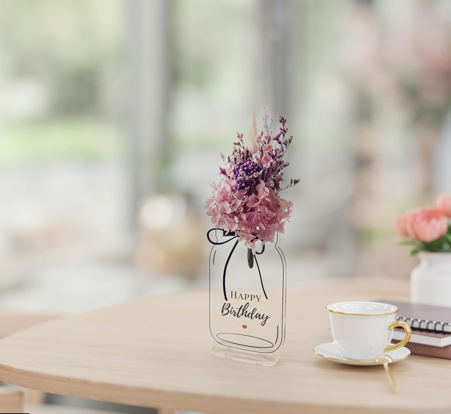 Acrylic Flower Holder Plaque with Real Dried Flowers &ndash; Handmade Gift Keepsake, Freestanding Mason Jar Design (Happy Birthday)