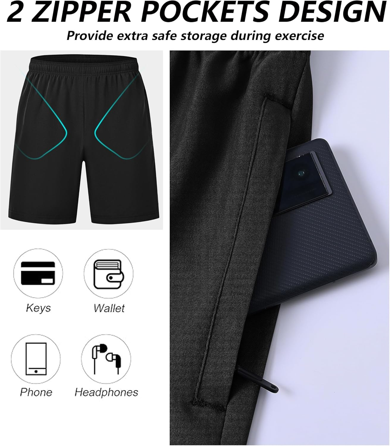 Mens Sport Shorts 3 Pack Zip Pockets Gym Training Athletic Shorts for Men with Drawstring Elastic Waist image number 3