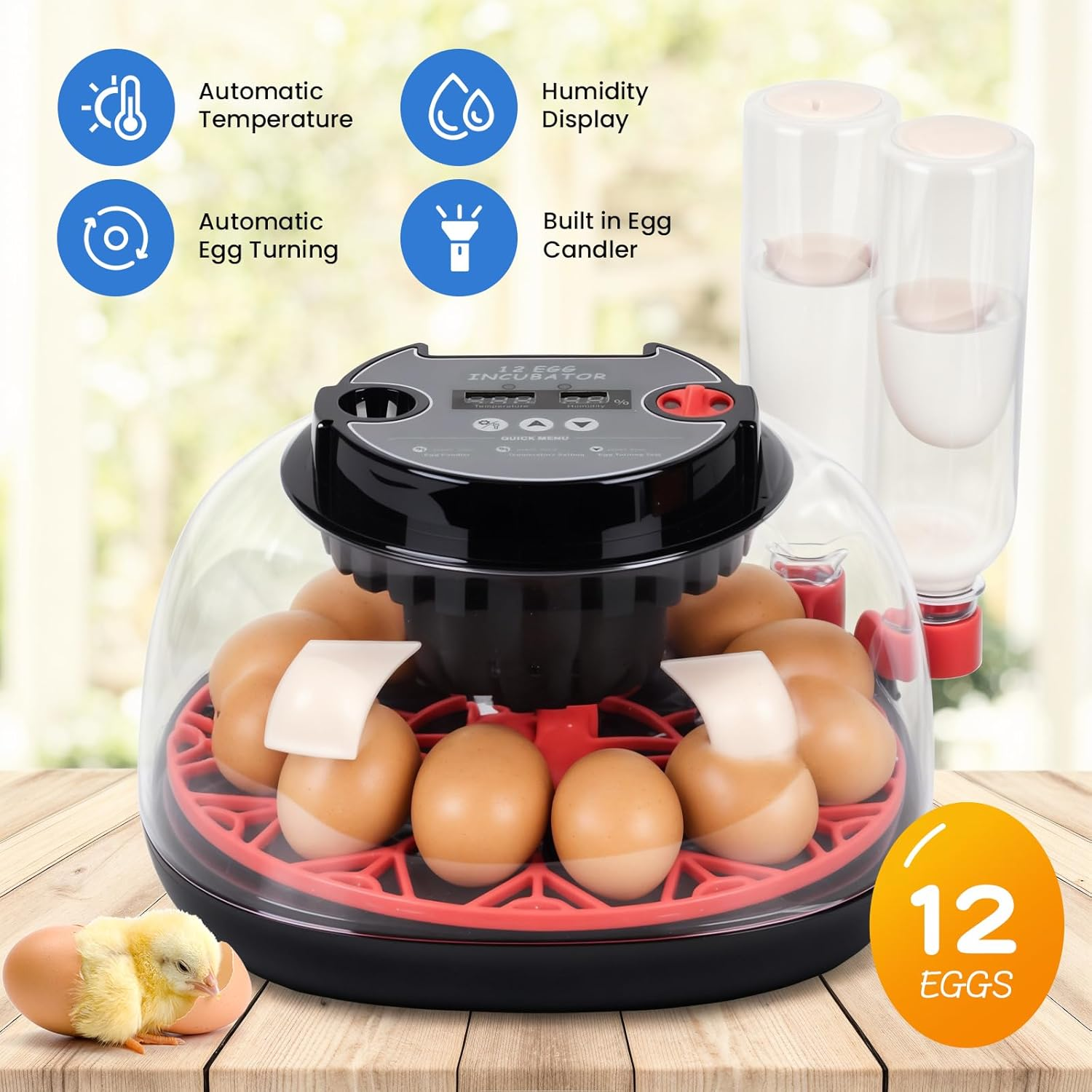 Advwin Incubators for Hatching Eggs, Automatic Egg Incubator with Temperature Control Humidity Display, 12 Egg Capacity for Chicken Duck Goose Eggs, Digital Display, Auto Turner, 360&deg; View image number 6