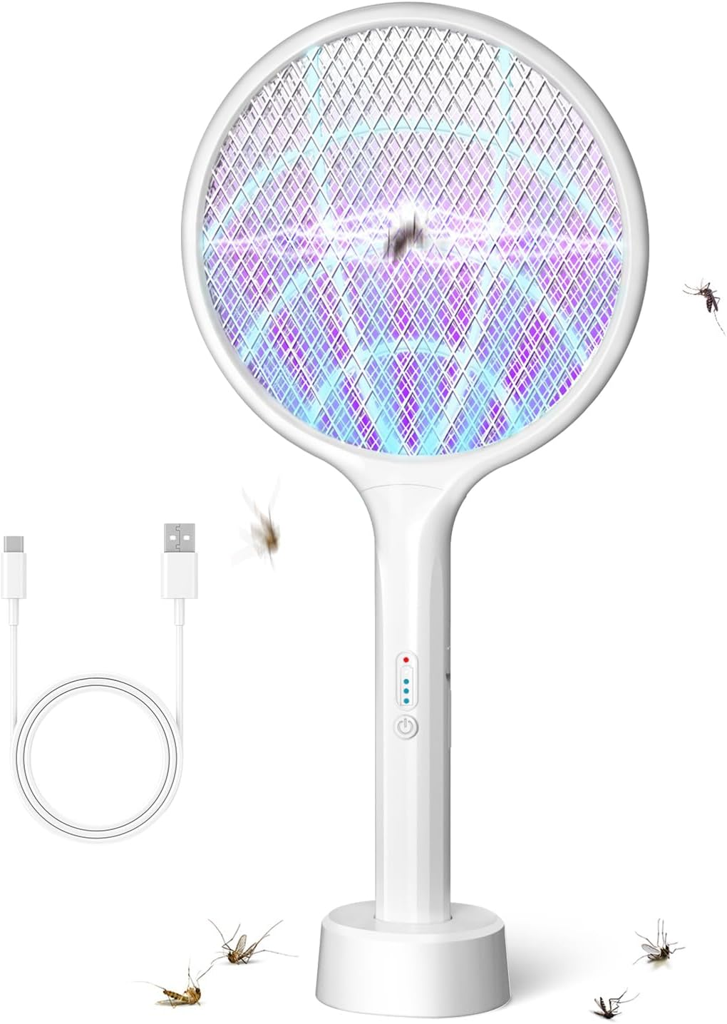 2000Mah Electric Fly Swatter, Yakiter 4000V Bug Zapper Racket with USB Rechargeable Base, 3-Layer Safety Mesh, 2-In-1 Powerful Mosquitoes Killer Lamp & Fly Killer for Indoor Outdoor (White) image number 2