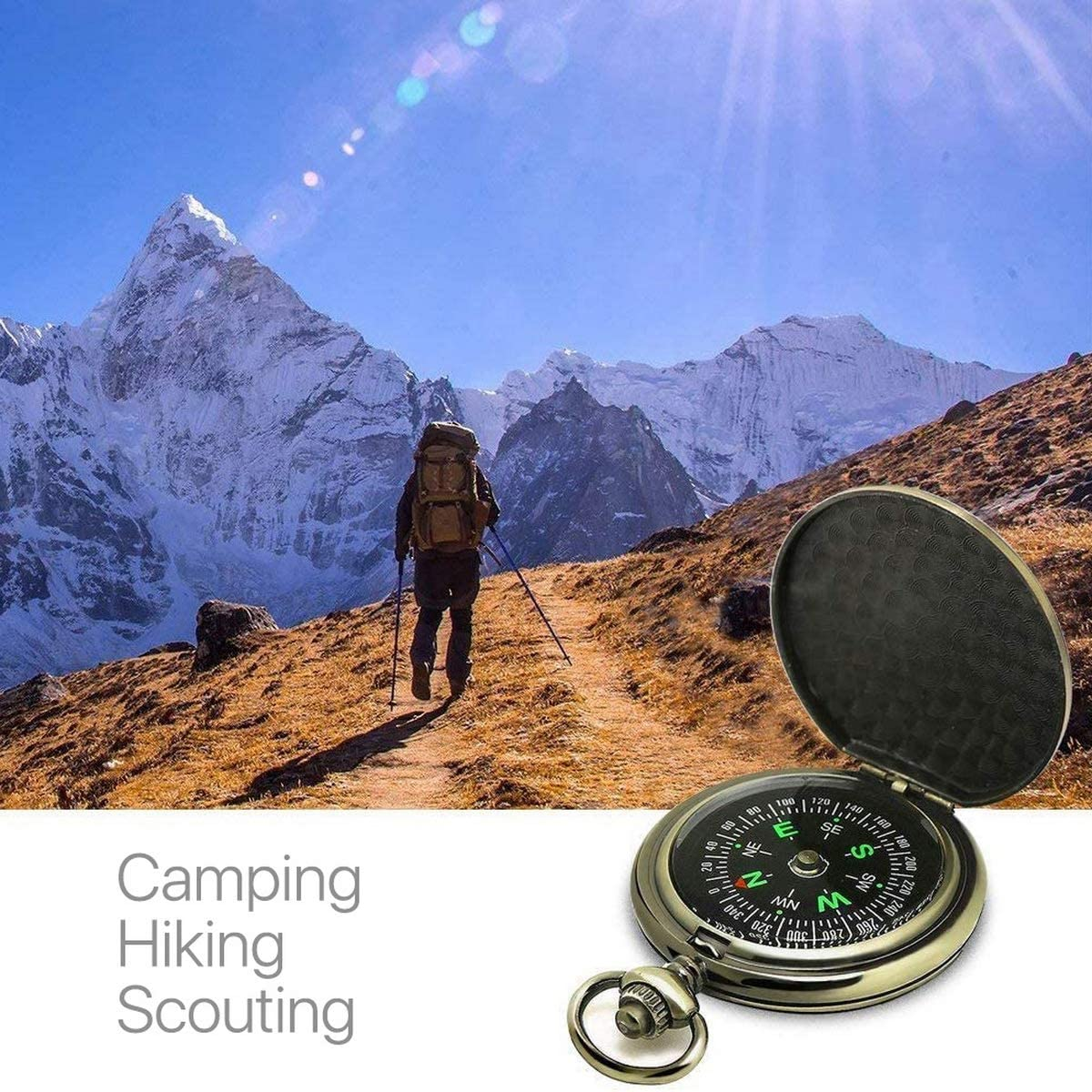 Retro Compass, Portable Vintage Survival Compass Navigation Fluorescent Glow Gear Waterproof Compass Outdoor for Camping Hiking Riding image number 4