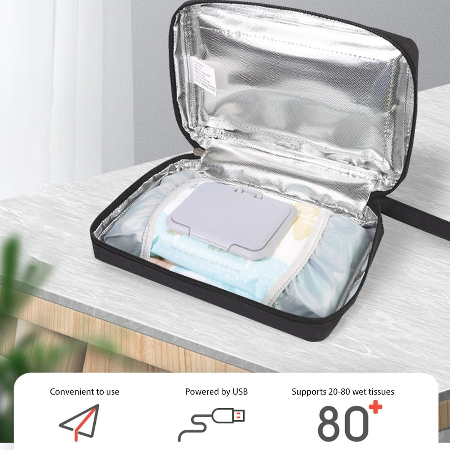 Portable Baby Wipe Warmer, USB Baby Wipes Warmer for Babies with 30&deg;C to 60&deg;C Adjustable Heating Temperature, Diaper Wipe Warmer up to 80Pcs Wipes Capacity, for Home, Travel, Camping, Car image number 5