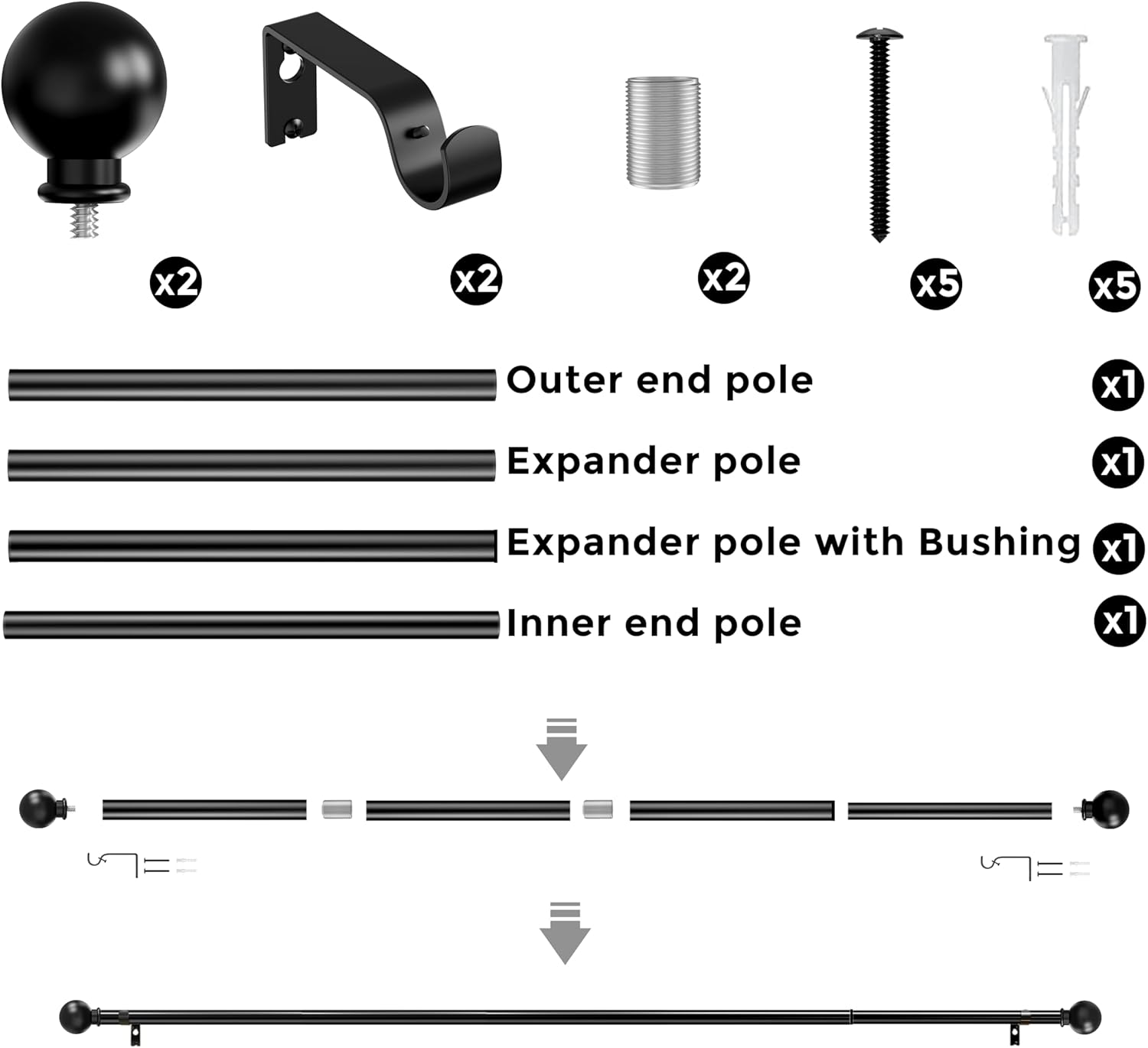 Extendable Curtain Rods, Scope of Retractable 32-64 or 67 Inch Max, Black Curtain Rods for Windows 28 to 63 Inch image number 2