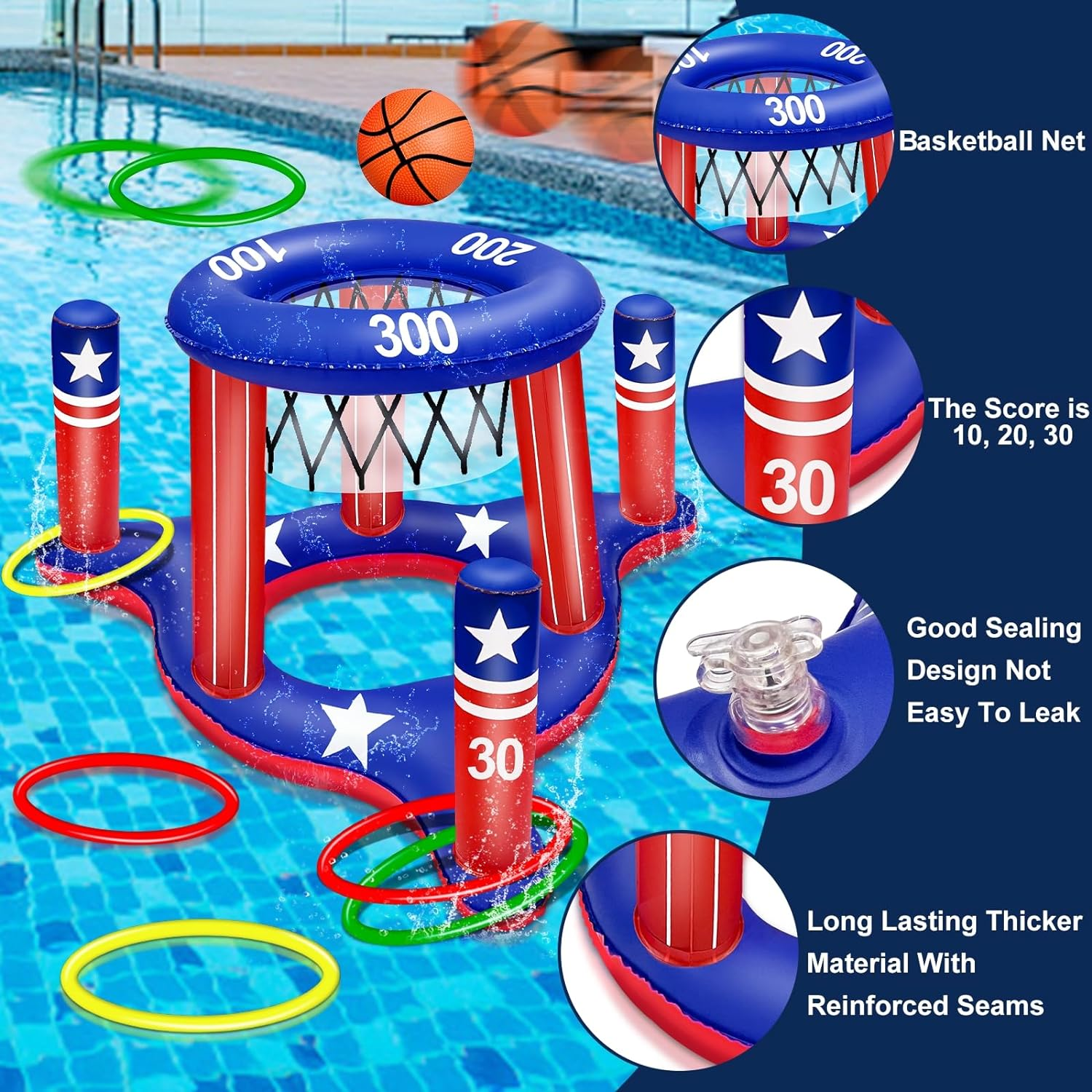 American Flag Inflatable Cross Ring Toss with Floating Basketball Hoop, 6 Rings and 1 Basketball
