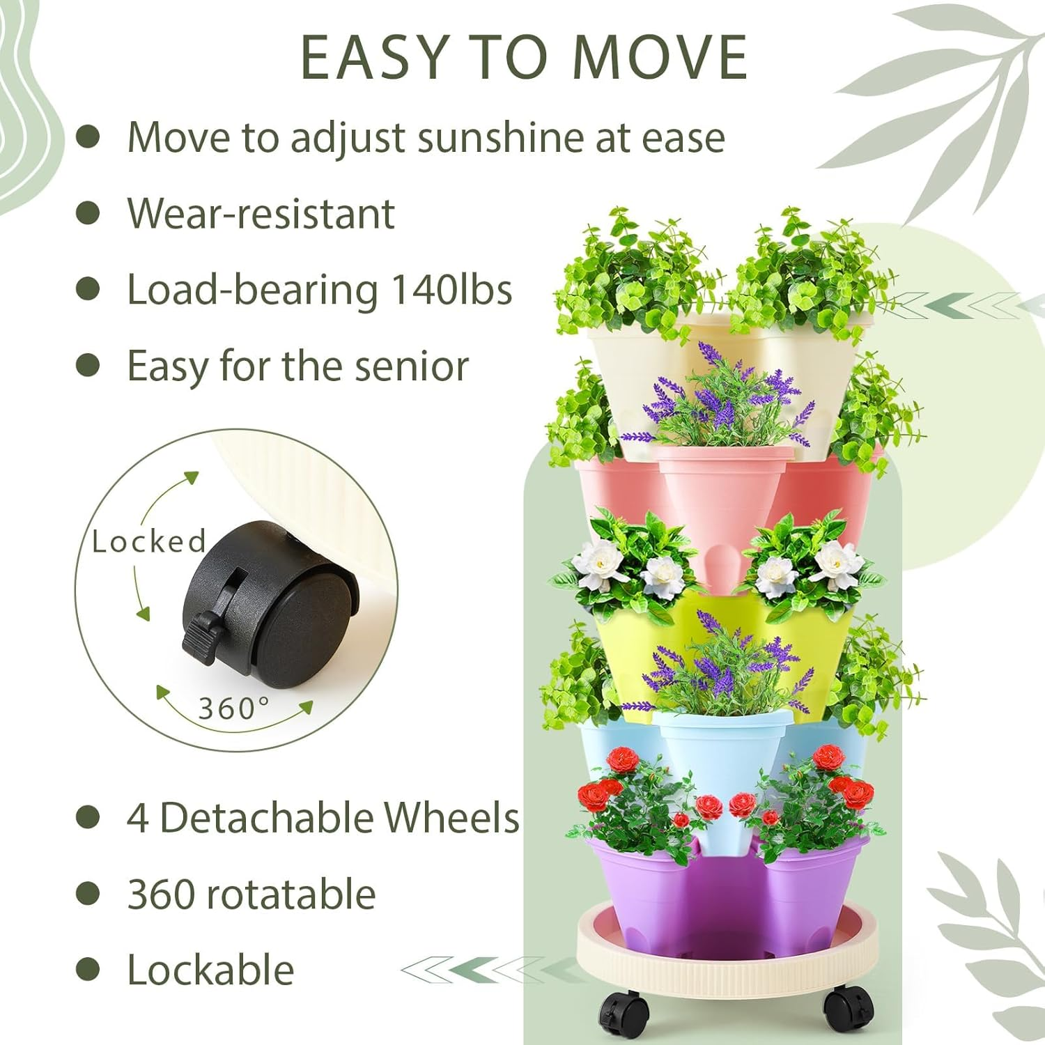 6 Tier Vertical Planter, Stackable Tower Planters, Strawberry Herb Flower and Vegetable Pots, Indoor Outdoor Gardening Pots with Removable Wheels and Vegetables Multicolor, Garden Planters (6PCS) image number 2