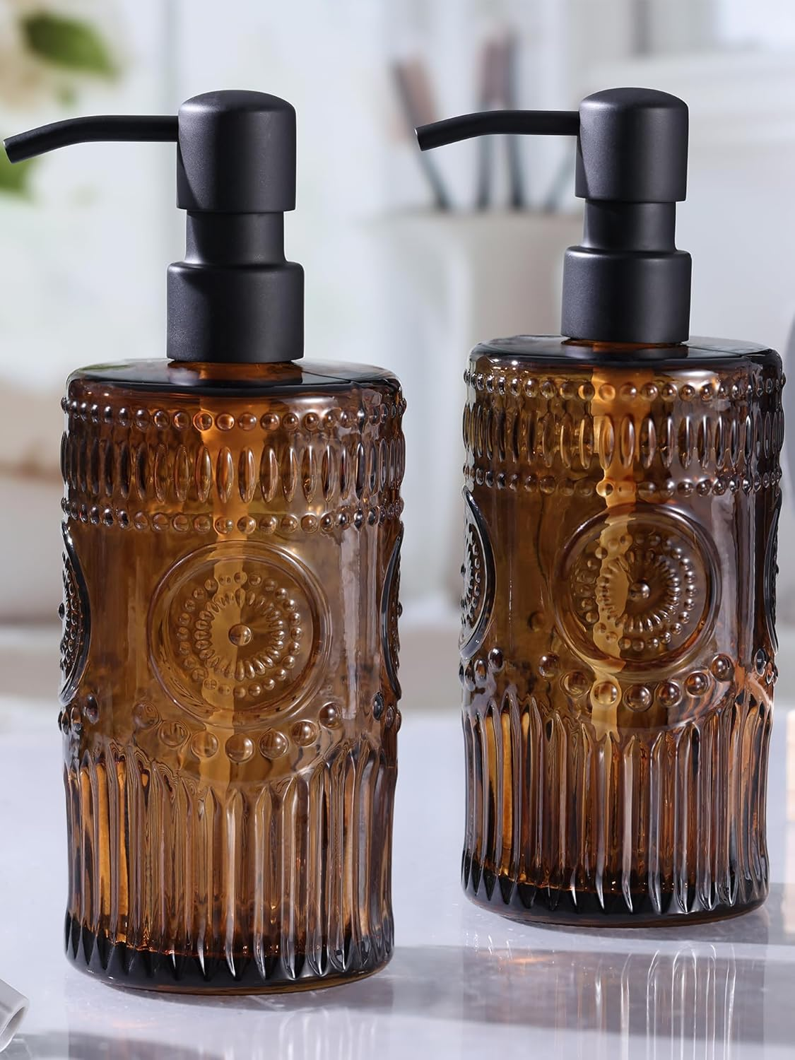 17 OZ Amber Glass Soap Dispenser with Black Stainless Steel Pump, Sunflower Embossed Glass Soap and Lotion Dispenser Set, Liquid Hand Soap Dispenser for Kitchen & Bathroom (2 Pack)