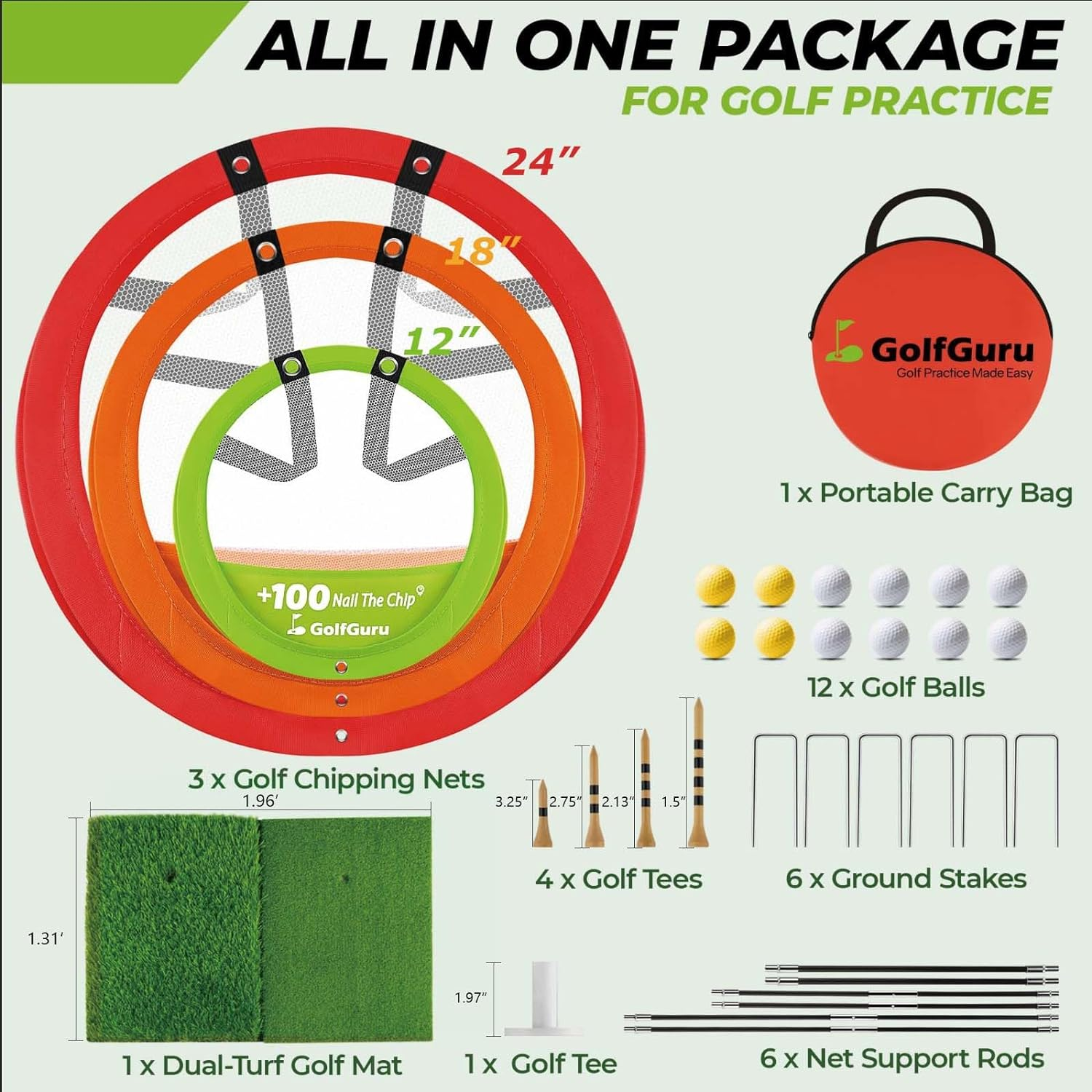 Golfguru Golf Chipping Net, Score Marked 3 Color Golf Practice Net with Dual-Turf Golf Mat, Portable Carry Bag, Chipping Golf Net for Indoor and Outdoor Training