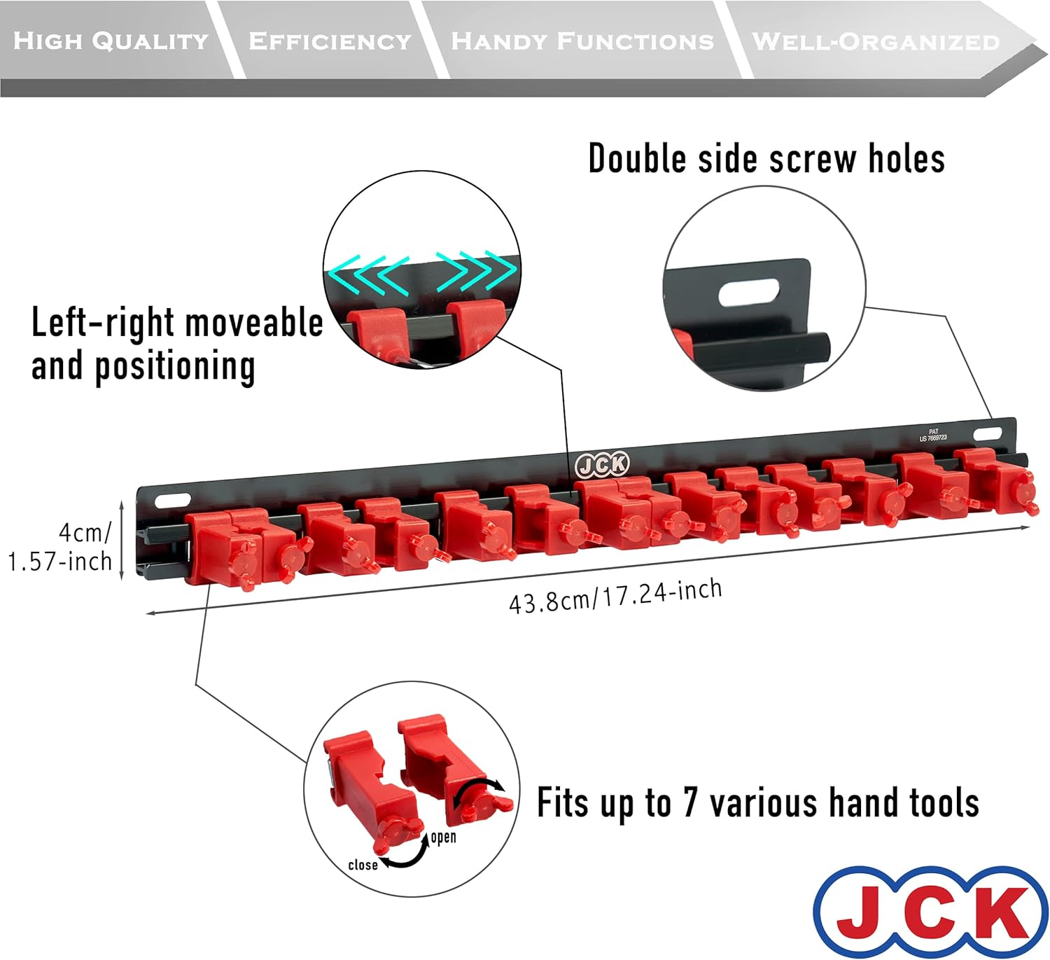 JCK Professional Quality Aluminum Multi-Purpose Tool Organizer Red Clips & Black Aluminum Rack Organize Various Tools, Such as Screwdrivers, Hammer, Rachets with Moveable Screw-Locking Secure Clips image number 2