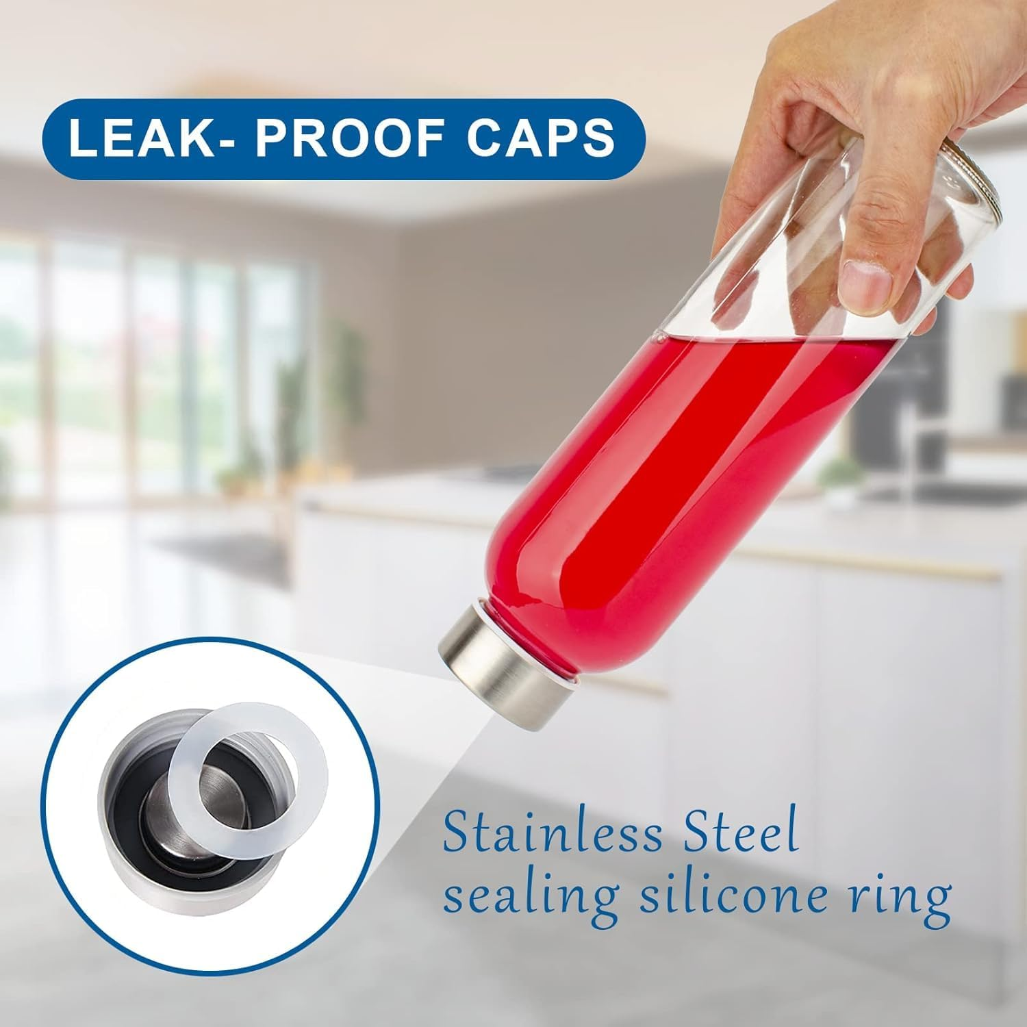 Clear Glass Bottles with Lids 18 Oz, Reusable, BPA Free Eco Friendly, Leak Proof, Glass Water Bottles with Stainless Steel Cap for Juicing, Refrigerator, Set of 6 image number 5